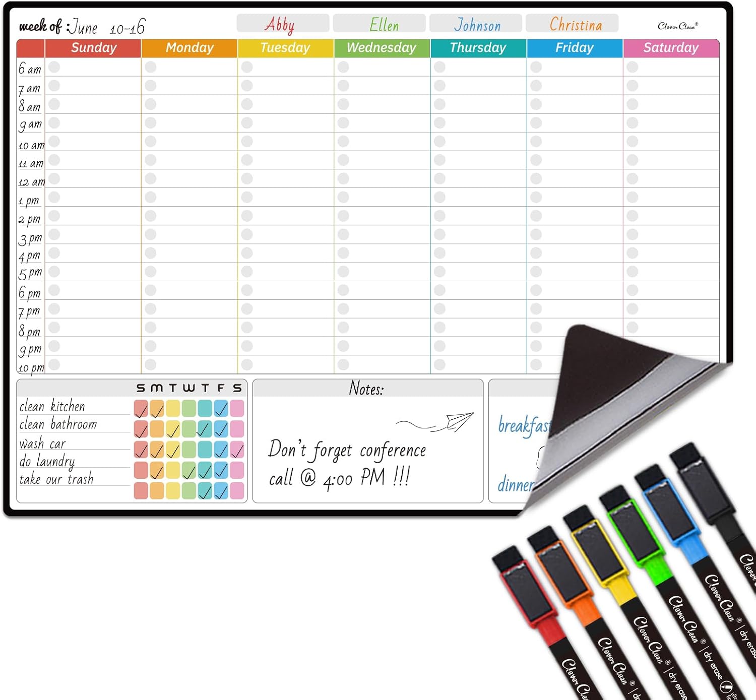 Magnetic Dry Erase Weekly Calendar for Fridge – Large 17″x12″ Magnetic Weekly Planning Board with Hourly Time Slots – 6 Extra Fine Point Markers Included