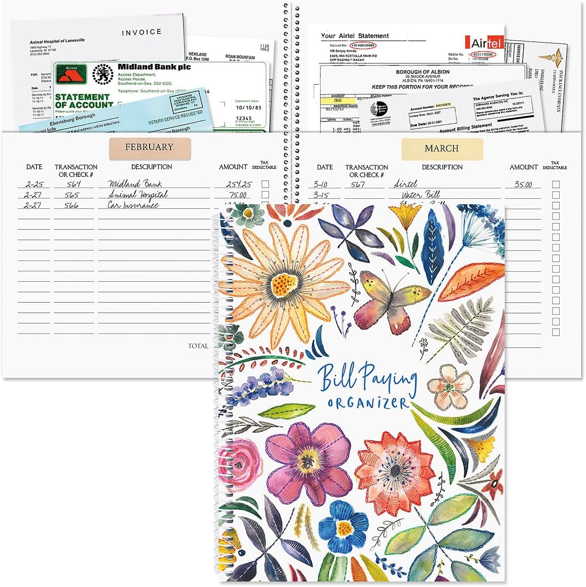 Current Bill Paying Organizer Book | Embroidered Florals, Spiral Bound,14 Storage Pockets, 32 Label Stickers 9″ x 12″