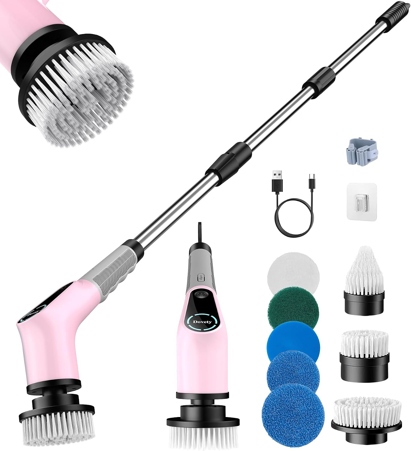 Dovety Electric Spin Scrubber, Extendable Handle, 8 Brush Heads-Pink | 90-minute long runtime, Type-C fast charging, multi-scene cleaning tool for shower, bathtub, tile and bathroom scrubbing