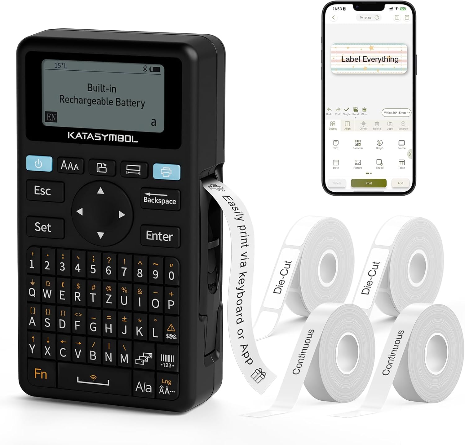 SUPVAN E11 Keyboard & Bluetooth Label Maker Machine with 4 Tapes, Black | Rechargeable, Versatile App with 30+ Fonts and 660+ Icons, Minimal Margin, Inkless, for School, Home, Kitchen, Office
