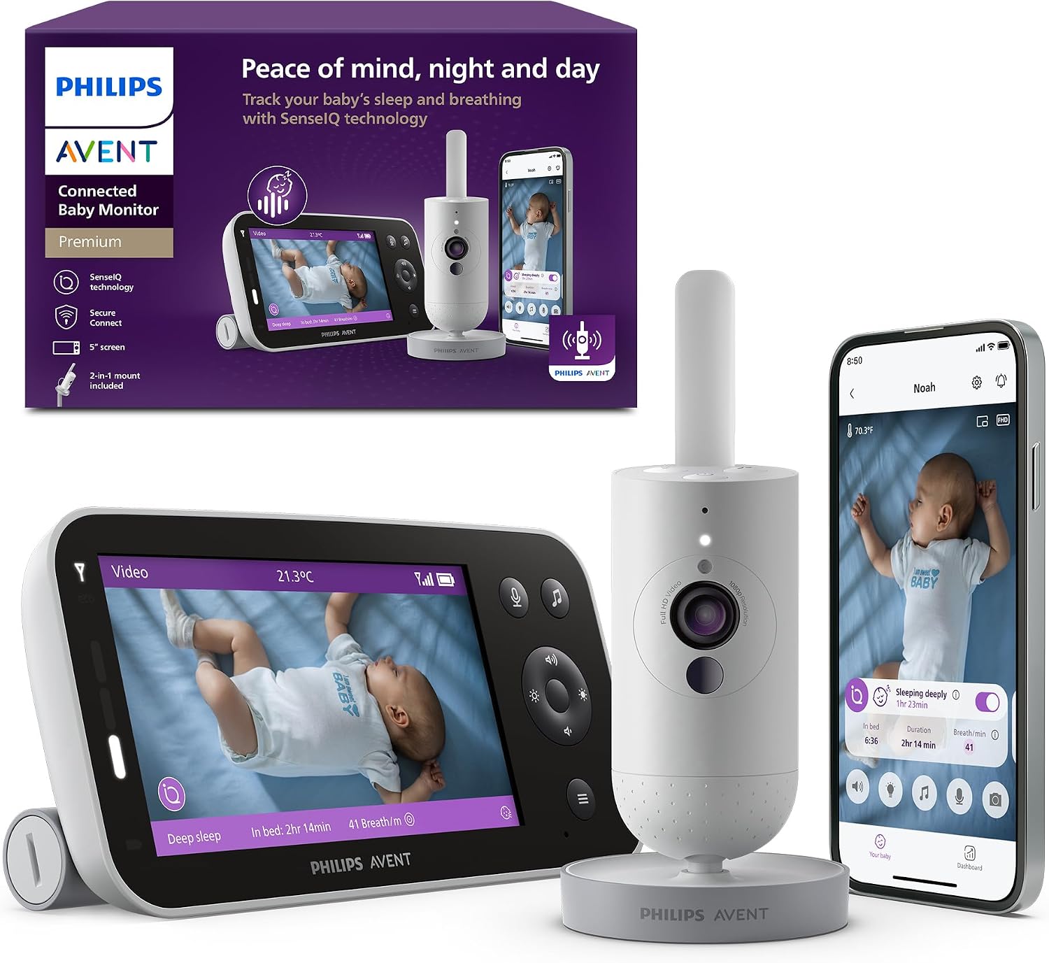 Philips Avent Premium Connected Baby Monitor, 1080p Camera, 5″ HD Screen | For First-Time Parents, Wearable-Free Smart Baby Monitor, Sleep & Breathing Motion Tracking, Wall & Crib Mount, SCD973/37