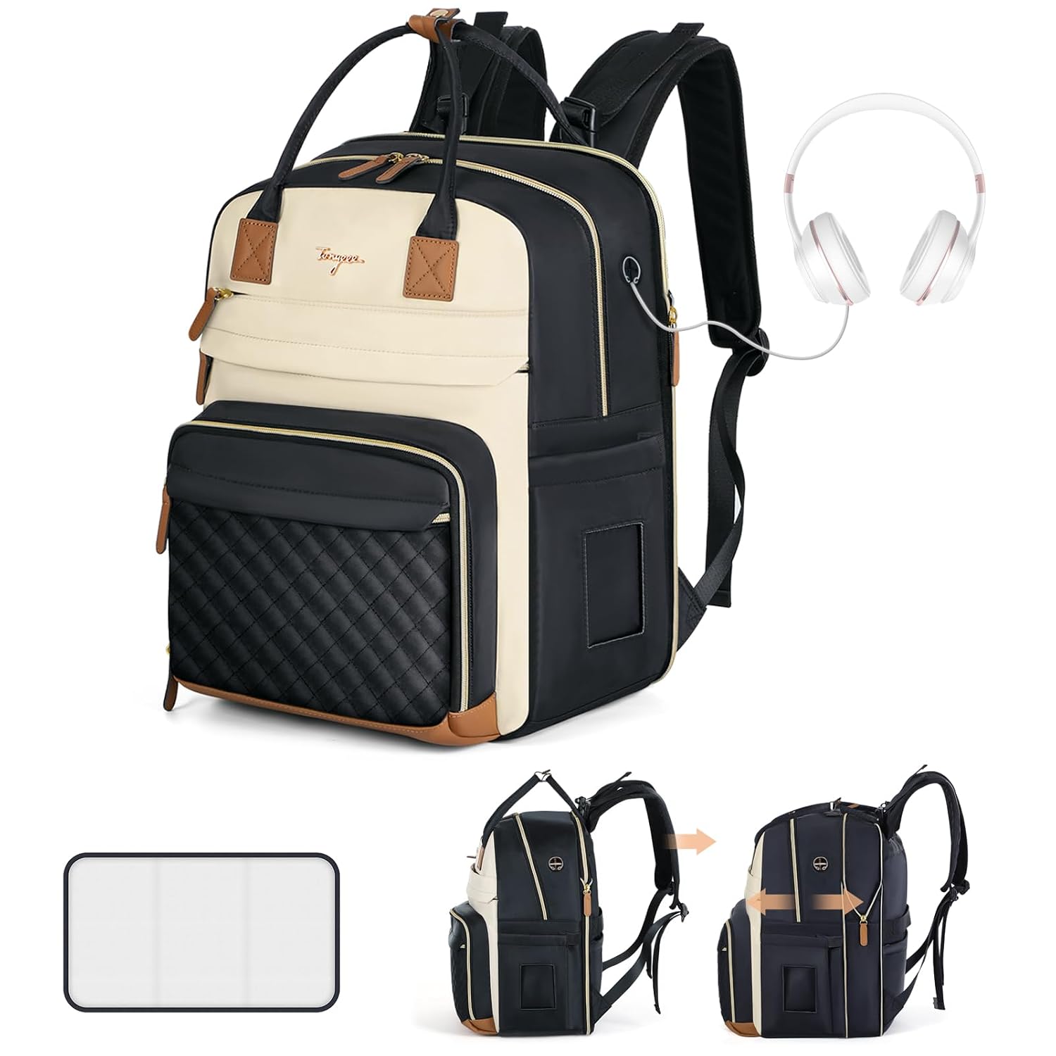 Diaper Bag Backpack, Extra Large Baby Diaper Bag for 2 Kids Twin | Travel Diaper Backpack for Mom Dad, 25-37L Expandable, with Changing Pad, Insulated Pocket, Earphone Hole, Apricot Black