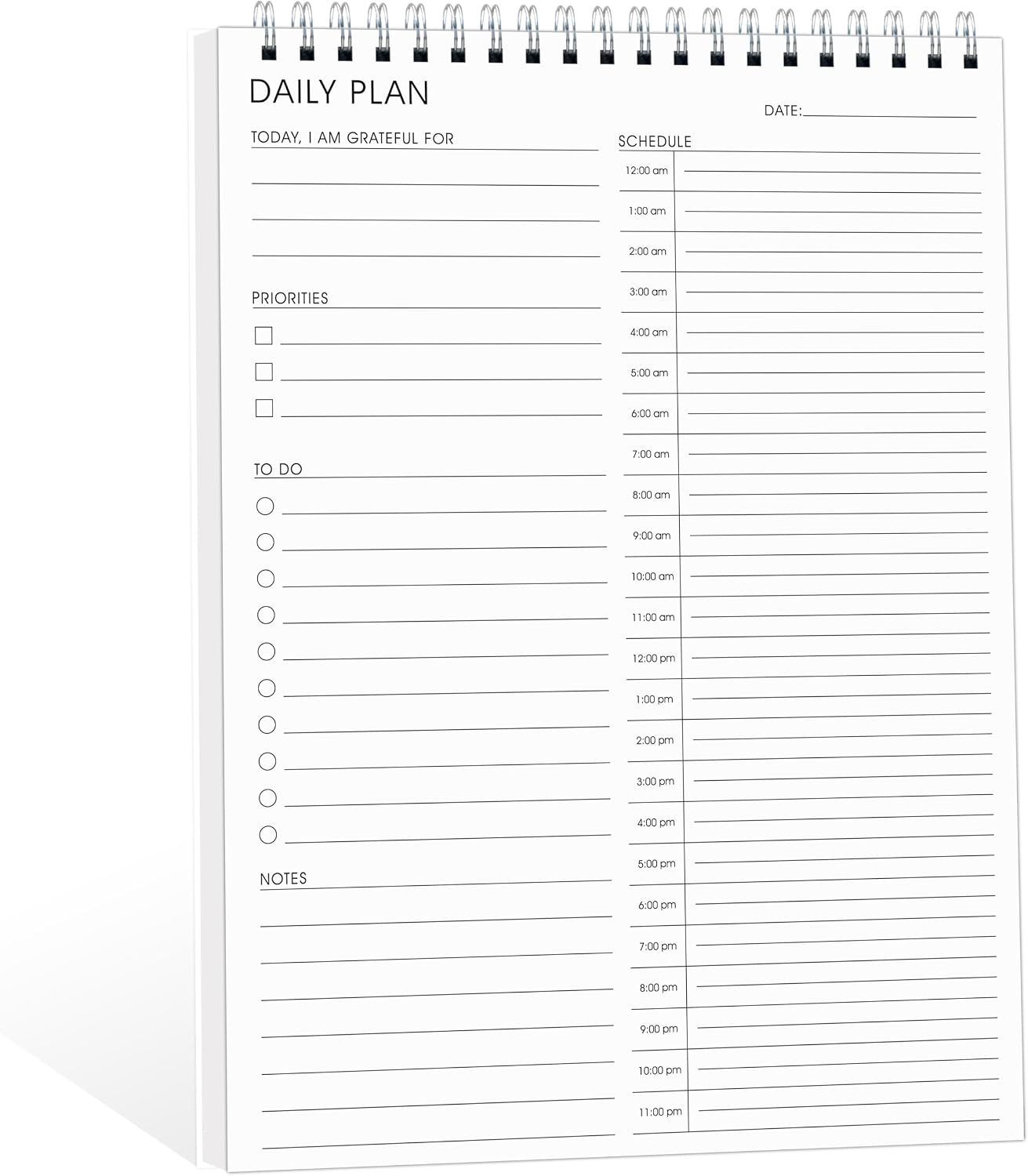 Undated 24 Hour Daily Planner with To Do List for Work & Personal Life | No Bleed Paper,Double-Sides to Use,Hourly Time Block Schedule, Priority, Spiral Bound for Personal ,Office,Home, 7“ x 10”