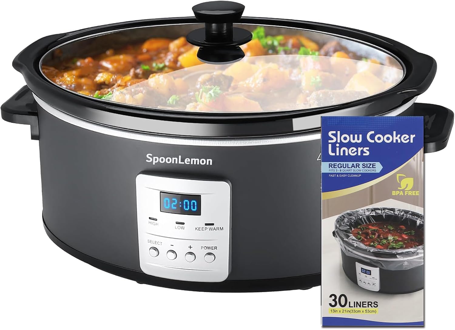 7QT Electric Slow Cooker with Digital Timer, 20H Programmable & 3 Heat Settings, Oval Ceramic Pot, Large Capacity for Family Dinner, Meal Prep, Compatible with 30 pcs 13″x21″ Cooking Liners