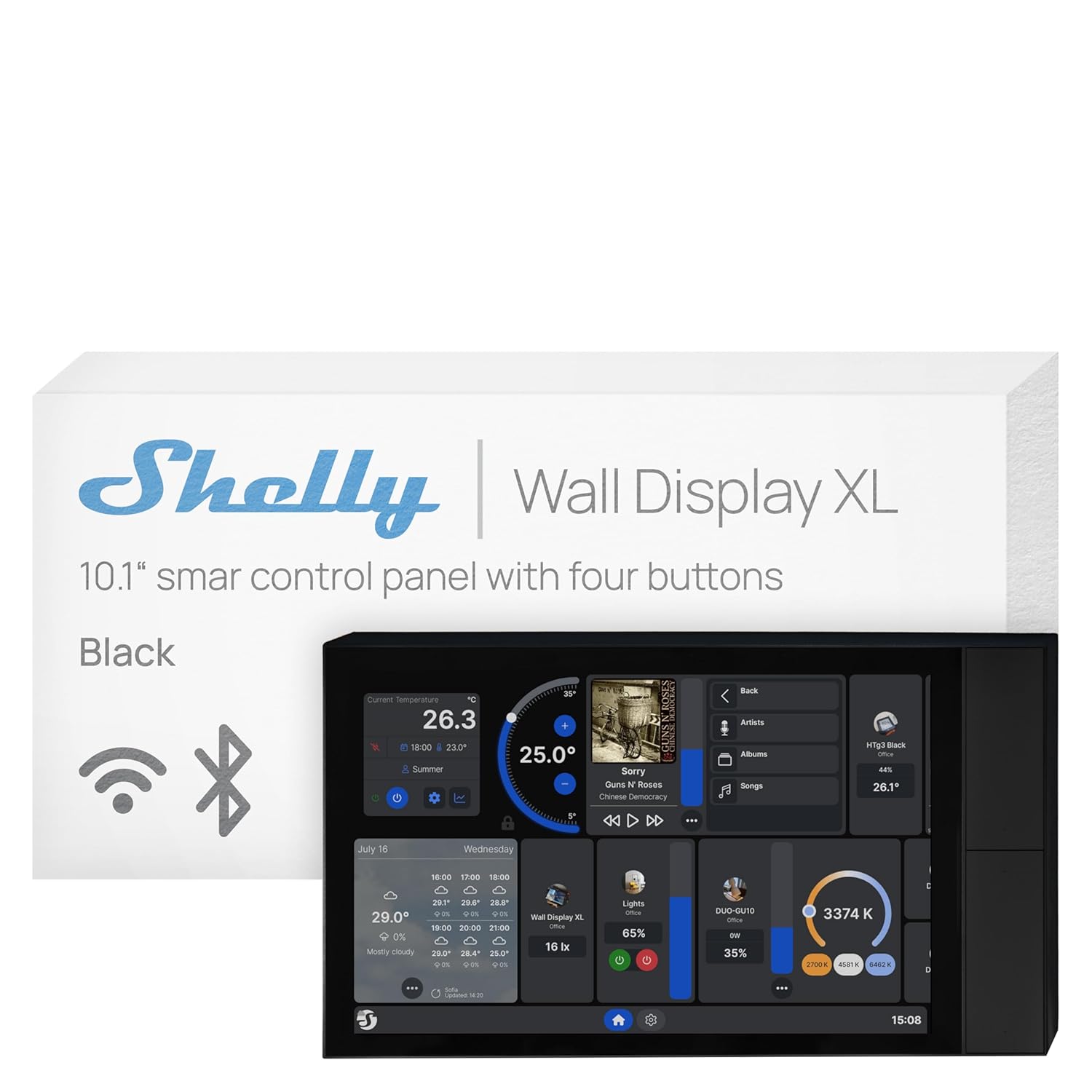 Shelly Wall Display XL Black – 10.1 Inch Touchscreen WiFi Smart Home Control Panel, Built-in 5A Relay, Works with Alexa, Google, HomeKit, Home Assistant, 4 Buttons, Lux Sensor, Neutral Wire Required