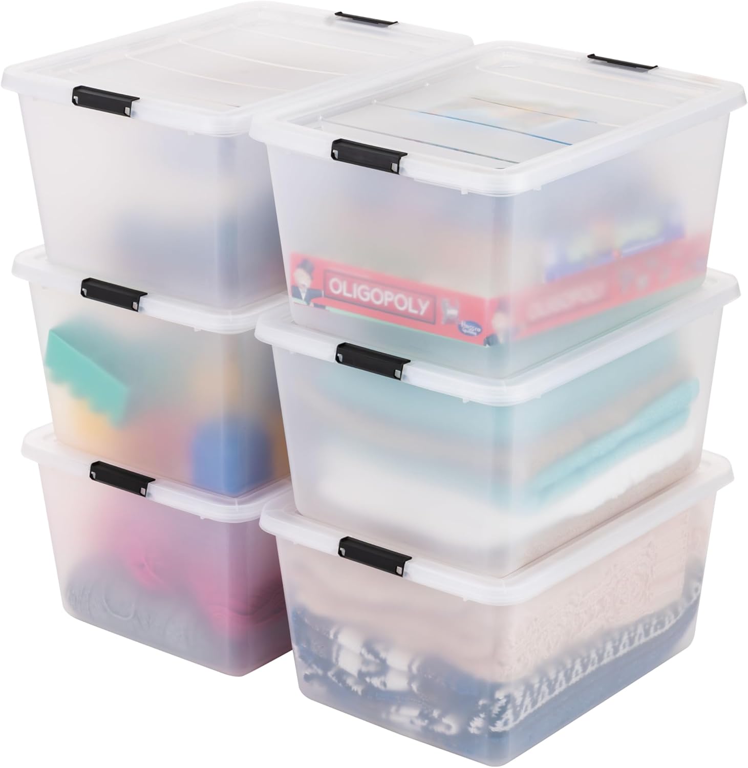 IRIS USA 6-Pack 32.5 Quart Clip Box with Latching Lid | Latching lid secures office and household supplies. Stackable, nestable design maximizes storage space