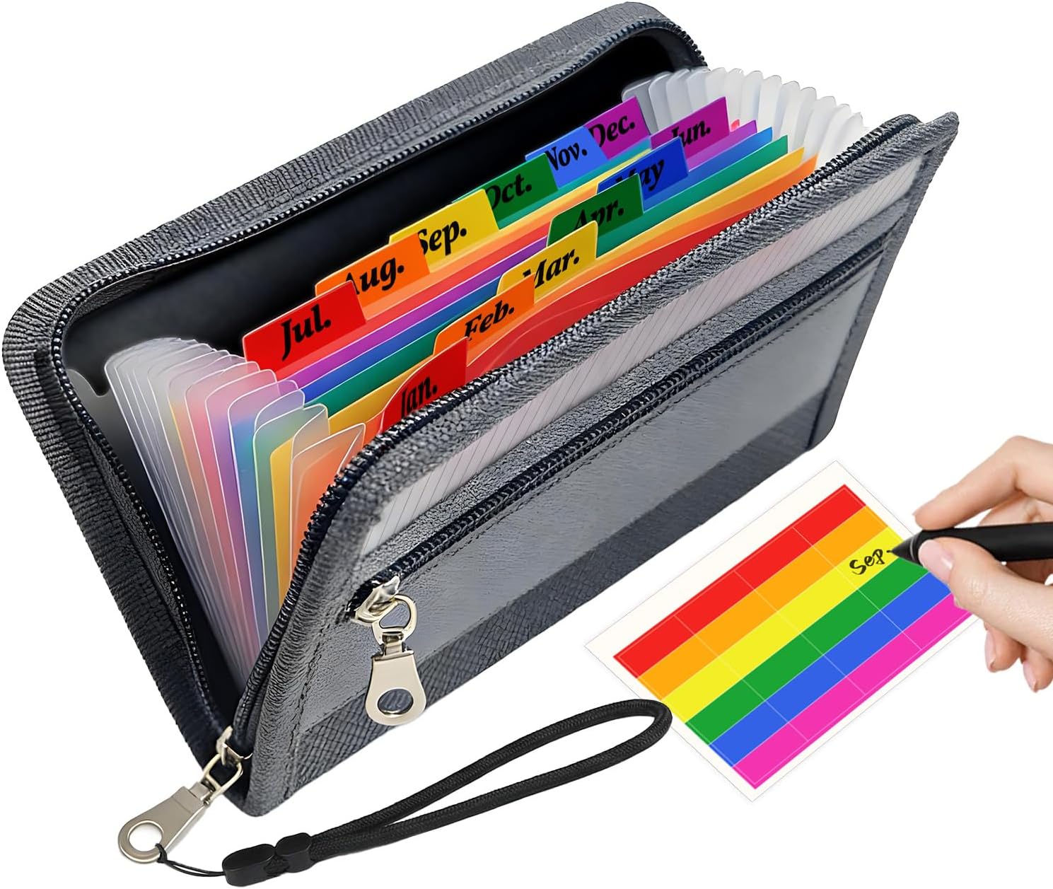 Portable Receipt Organizer & Coupon Holder, 12 Pockets Accordion Expanding File with Adjustable Wrist Strap, Zipper Closure Budget Organizer for Bills & Expense Tracking