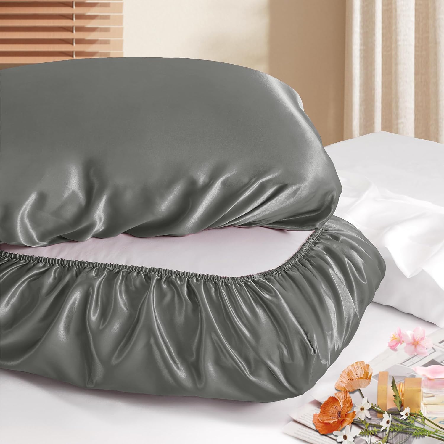 Manyshofu Grey Satin Pillowcase, Elastic Band Standard Queen Size | Silky Smooth For Hair And Skin, Machine Washable Long-Lasting Fabric, Travel-Ready Closure, Fits 20×26 And 20×30 Pillows