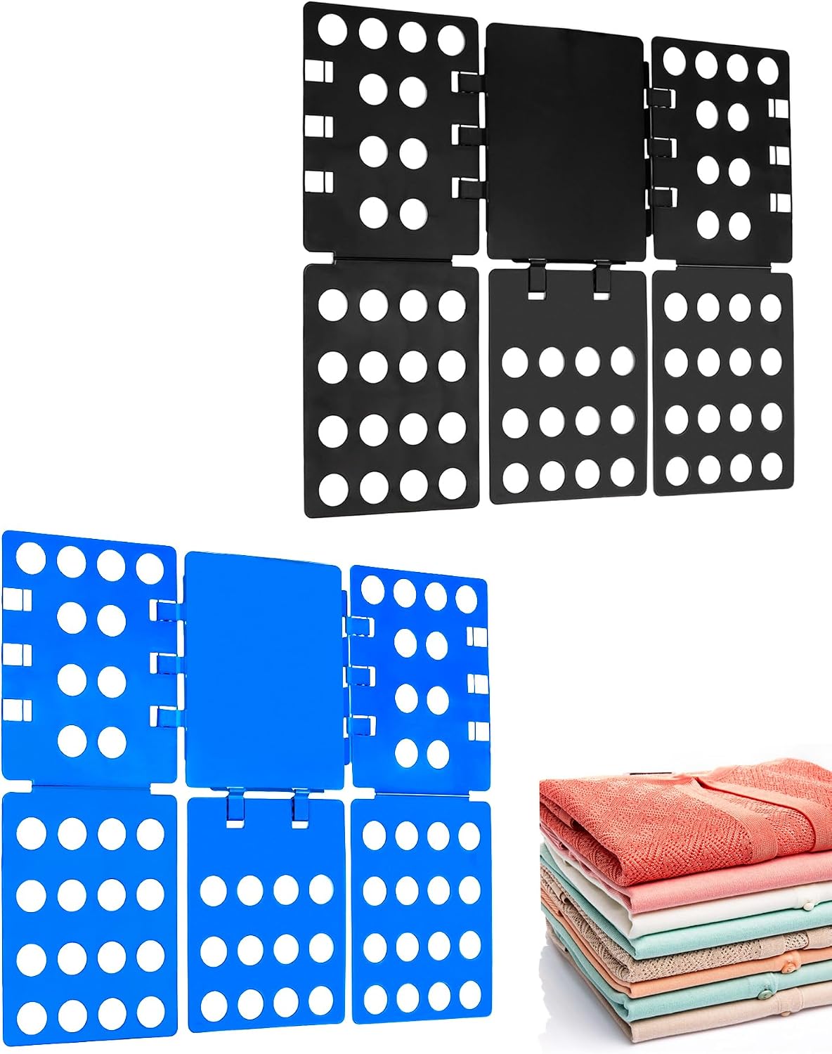 QWORK PP Composite Folding Board, 2 Pack Folding Clothes Board – Black + Blue, One-Hand Operation Laundry Folding Tool, Non-Slip Silicone Buckles, T Shirt Folder, Laundry Folders for All Garments