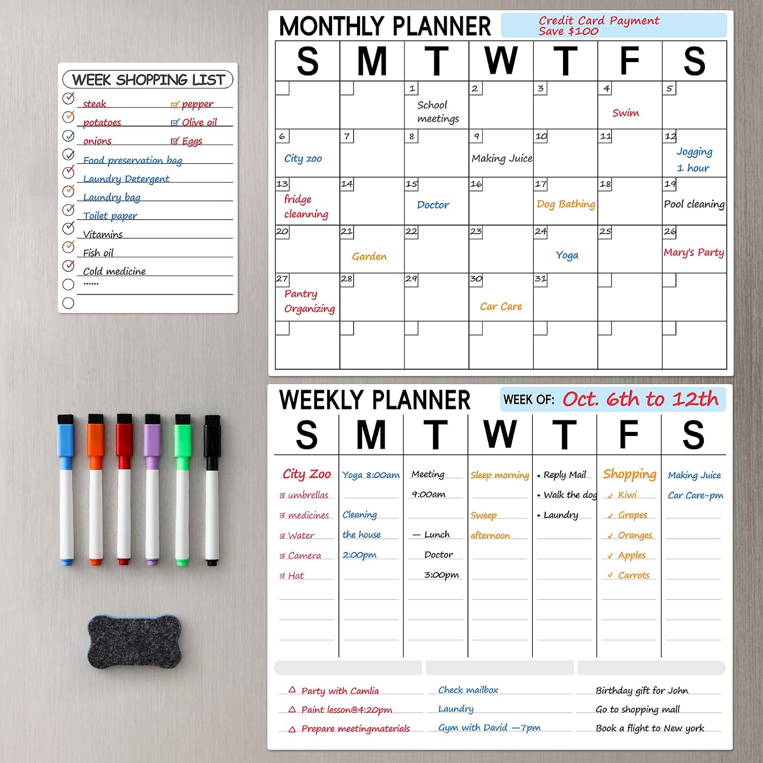 3 Pack Dry Erase Magnetic Calendar for Refrigerator – Monthly & Weekly & Daily Planner Magnet Whiteboard for Fridge Wall – Shopping, Meal/Menu, To Do List, Family Schedule Planning Board (10HB-RIZH3)