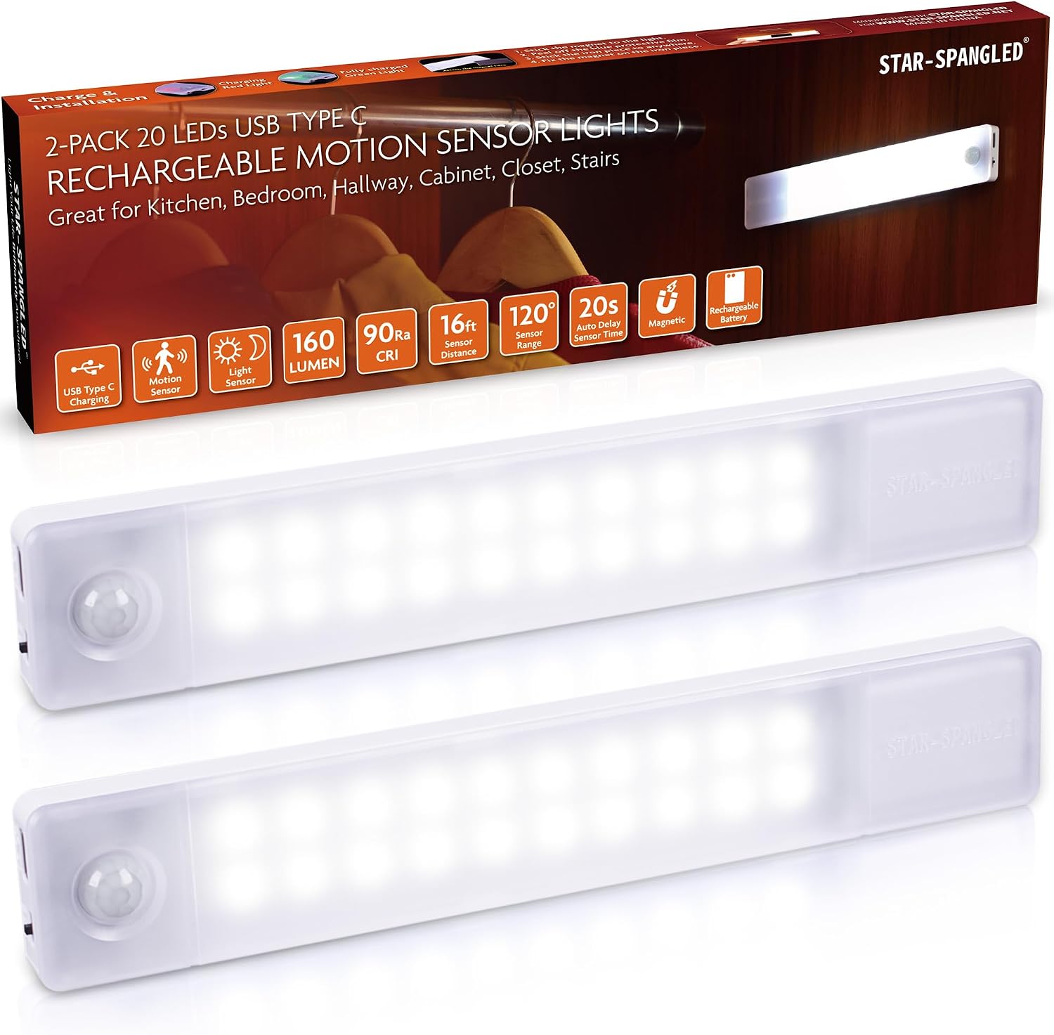 STAR-SPANGLED 8” Under Cabinet Lighting Rechargeable Magnetic, 2 Pack White | Motion Sensor Light Indoor Battery Operated Powered, USB Stick on LED Night Lamps, For Closet Stairs Kitchen Pantry Bedroom