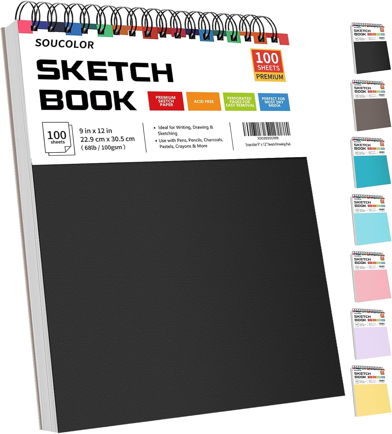 Soucolor Sketch Book 9″ x 12″, 100 Sheets Kids Art Sketchbook Drawing Pad | 68lb Acid-Free, Fine-Texture Paper, Top Spiral for Lay-Flat, Gift for Teens Girls Boys Beginners Adults, School Art Supplies