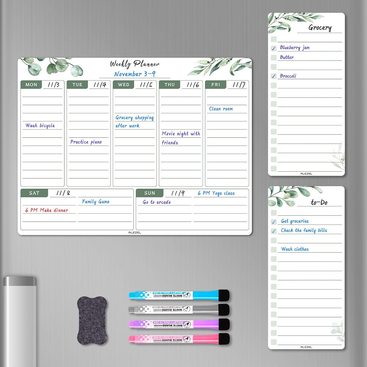 ALEZEL Magnetic Weekly Dry Erase Board for Fridge, Greenery Weekly Calendar Whiteboard Set for Refrigerator – Magnetic Weekly Calendar Planner with 2 List Boards, 4 Markers + Eraser