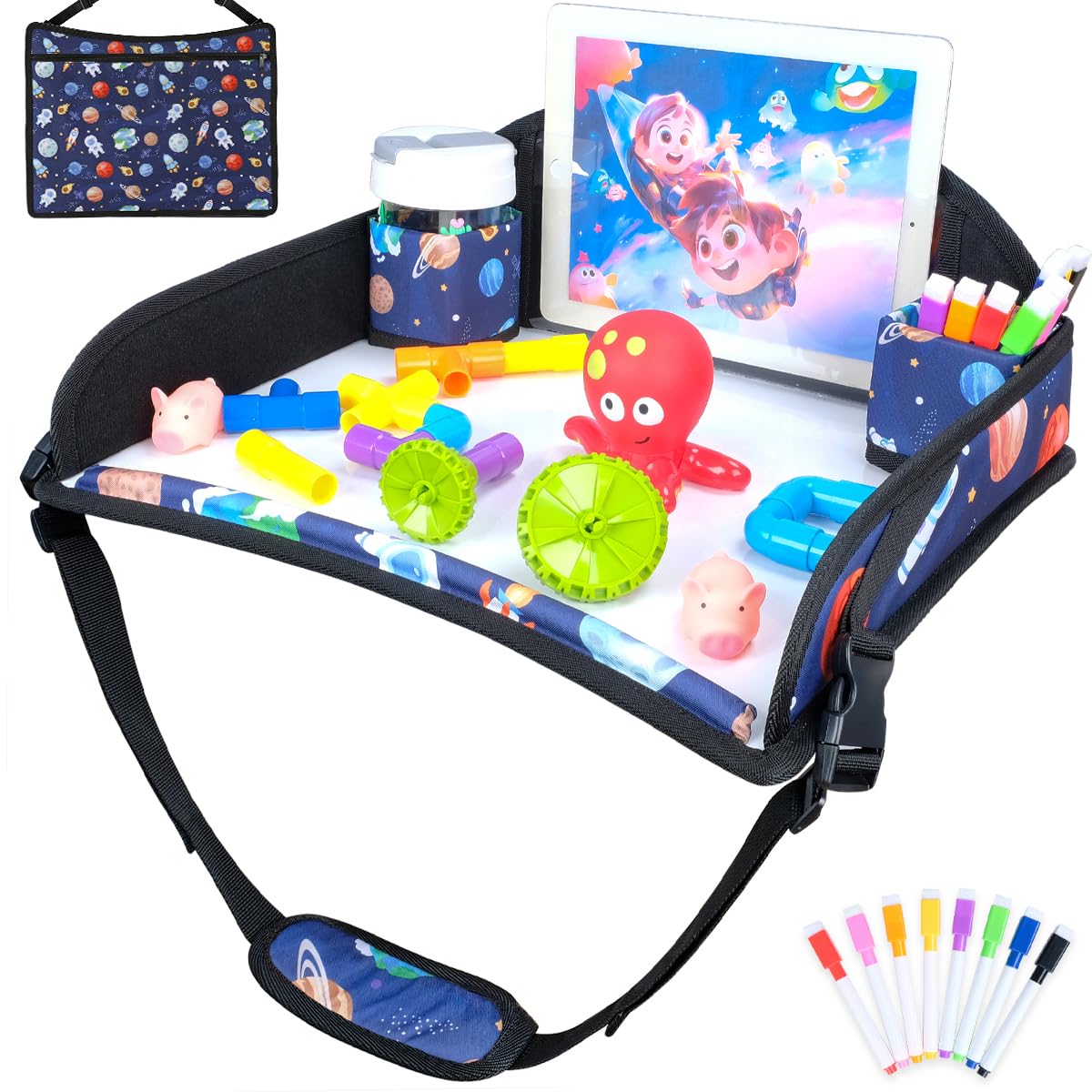 COOLBEBE Kids Travel Tray for Toddler Car Seat, Travel Tray for Airplane | Lap Tray with Storage, Portable Carseat Table Tray for Kids, Blue Space