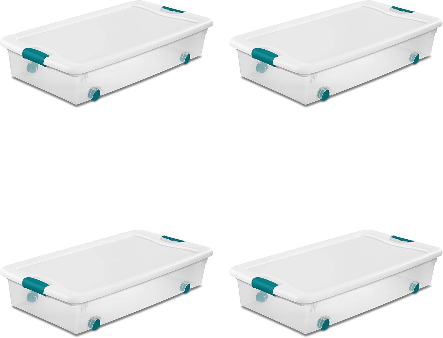 Sterilite 4-Pack 56 Quart Wheeled Latching Box, Underbed Clear Plastic Storage Organizer – Under Bed Rolling Container Bin with Lid and Wheels for Home or Dorm Bedrooms and Closets