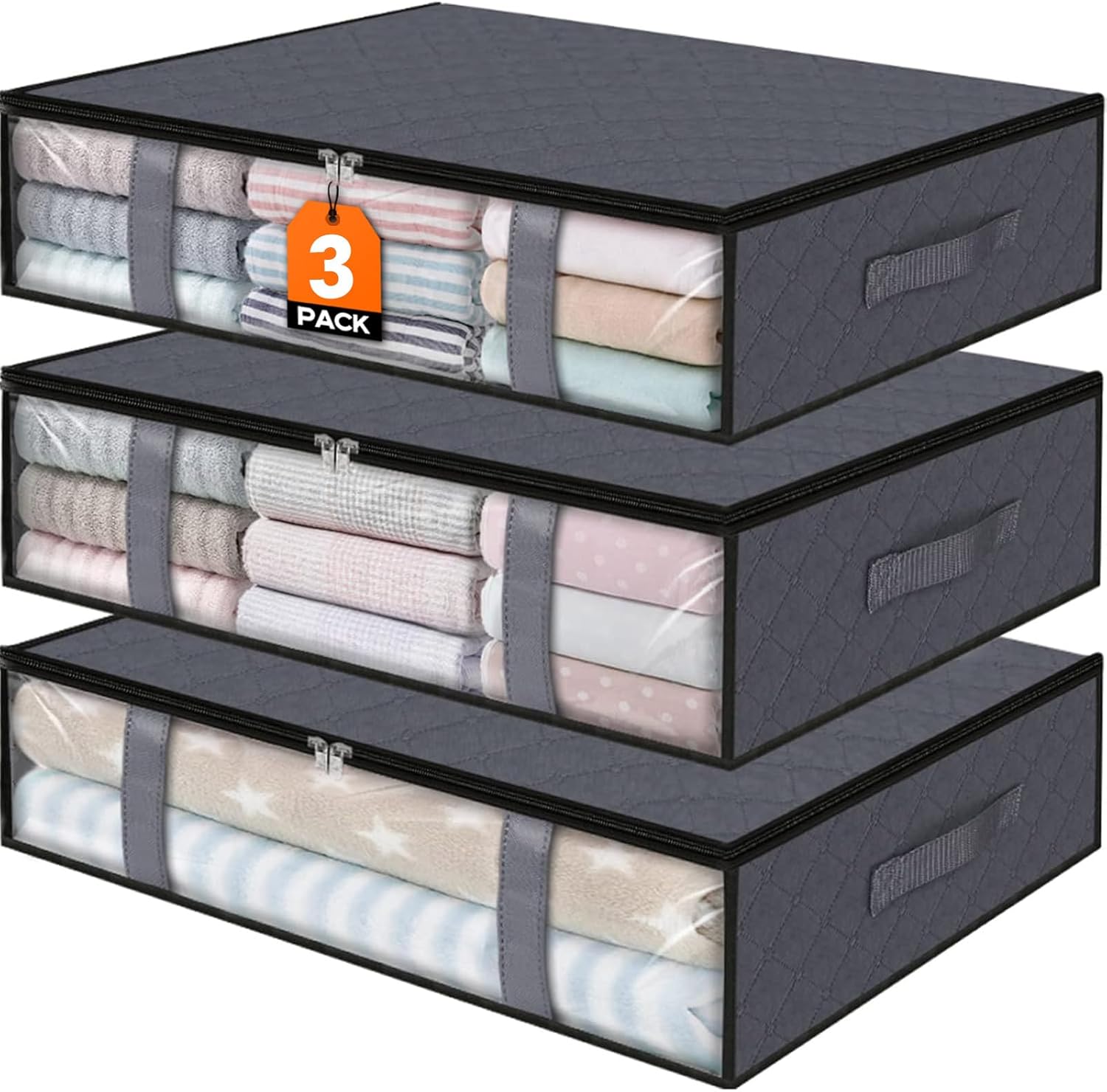 StorageRight Under Bed Storage Bags, 3 Pack, 40L, Gray | Breathable Non-Woven Fabric with a Clear Window and Zippered Top for Clothes, Comforters, Blankets and Seasonal Storage