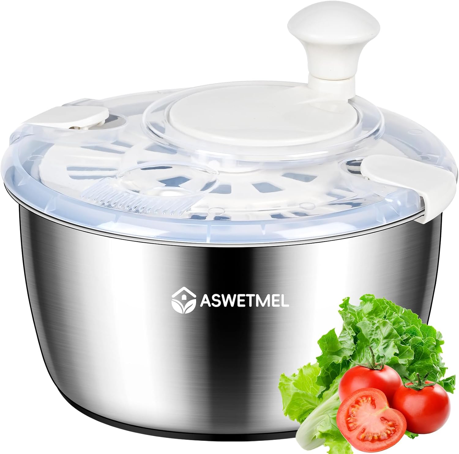 Stainless Steel Salad Spinner Large 5.3QT, ASWETMEL Stainless Salad Spinner with Non-Slip Base Lettuce Spinner, Salad Dryer Spinner for Vegetables & Fruits, Vegetable Washer, Beige
