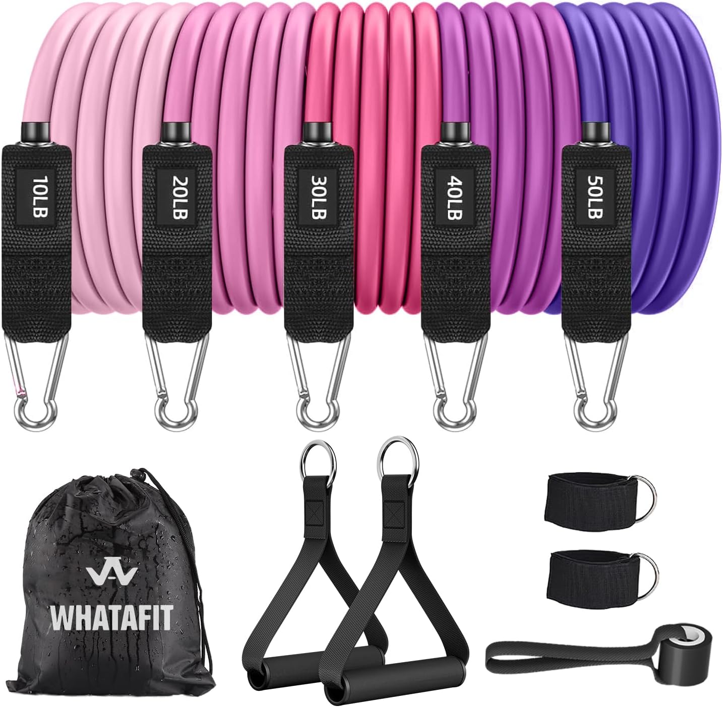 WHATAFIT Resistance Bands with Handles, 5-Level Exercise Bands for Workout | Natural latex,10-50 lbs, stackable to 150,Ankle Straps, Door Anchor,Guide. For Strength, Yoga,Home Gym,Travel & Workout.