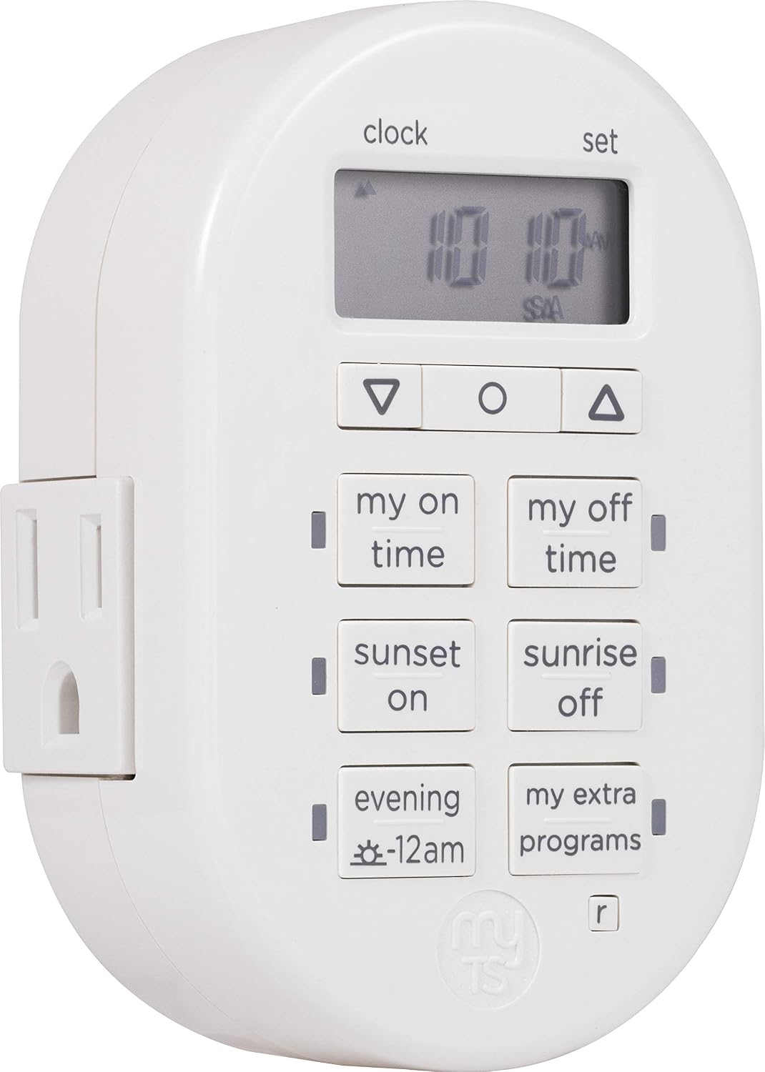myTouchSmart Plug-in Digital Timer, 2 Grounded Outlets, White | Auto Adjust Sunrise/Sunset, 8 Custom On/Off Times, Battery Backup, For Indoor Use, Plug-in Timer for Electrical Outlets