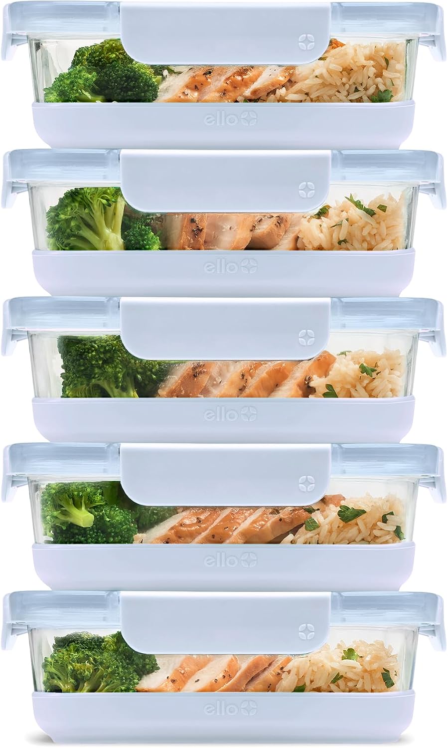 Ello Duraglass Refresh 3.4 Cup Meal Prep Containers, 10 Pc, Halogen Blue | Glass meal prep container set with silicone boots, airtight leakproof BPA-free lids, microwave, freezer & dishwasher safe