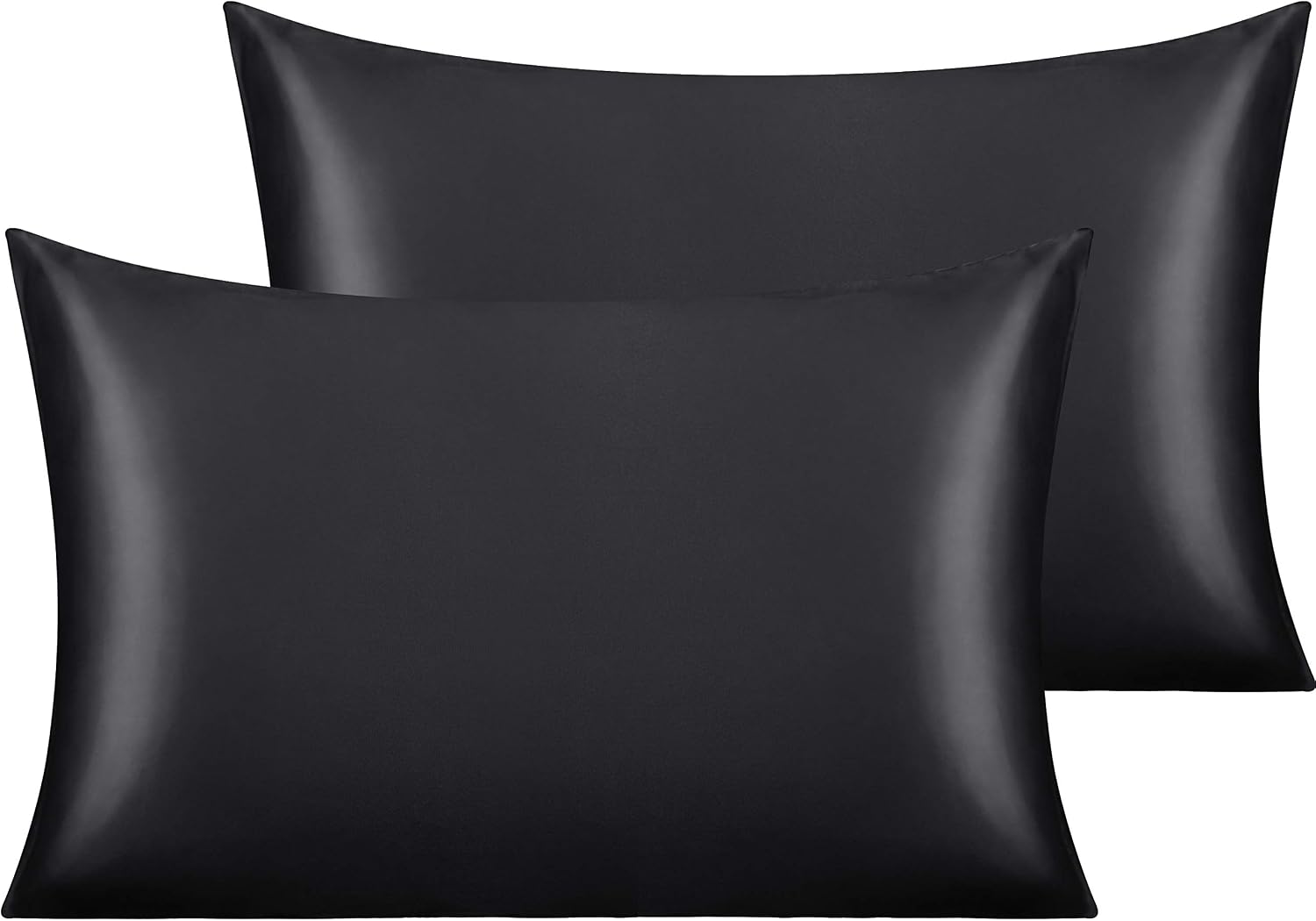 NTBAY Standard Satin Pillowcases, Set of 2, Black | Smooth Silky Microfiber Satin with Envelope Closure, 20 x 26 Inch Pillowcases, Pillow Inserts Not Included