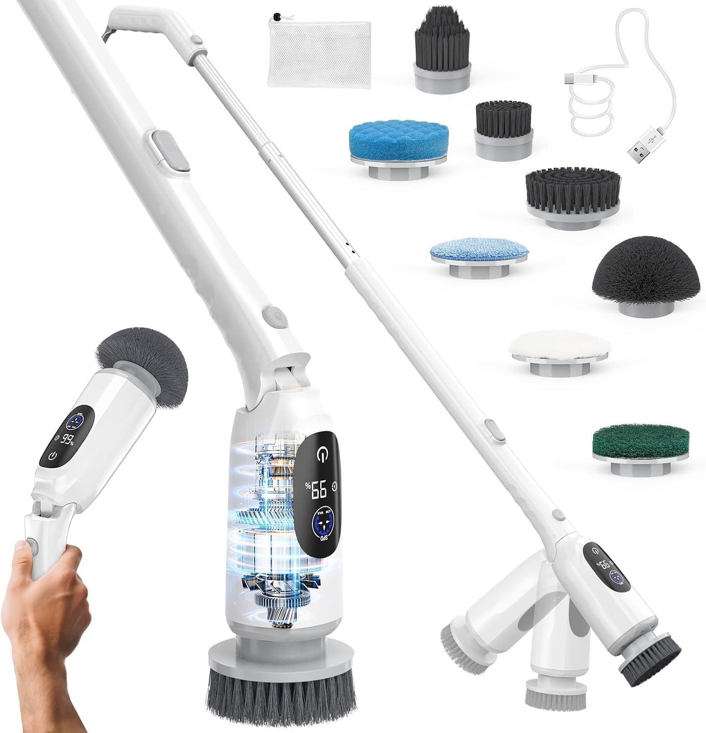 Electric Spin Scrubber, Bathroom Scrubber with Aluminum Alloy Handle | 3H Work Time, Cordless Cleaning Brush with 3-Speed, IPX7 Waterproof, 8 Brush Heads for Tile, Tub, Floor, Toilet, Grout