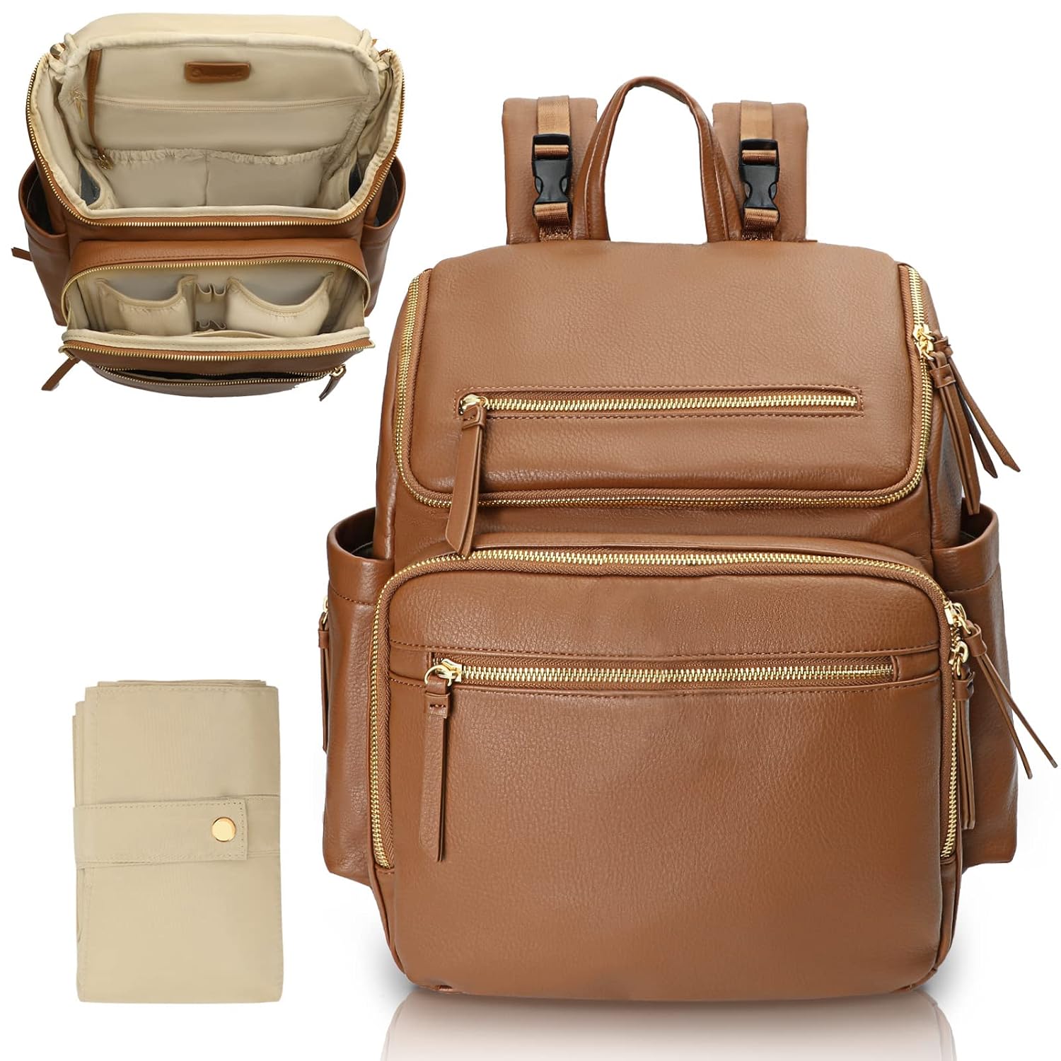 Omanmoli Diaper Bag Backpack Large Baby Diaper Bag Leather with 17 Diaper Bag Organizing Pouches,Changing Pad,Stroller Straps,4 Insulated Pockets,Brown