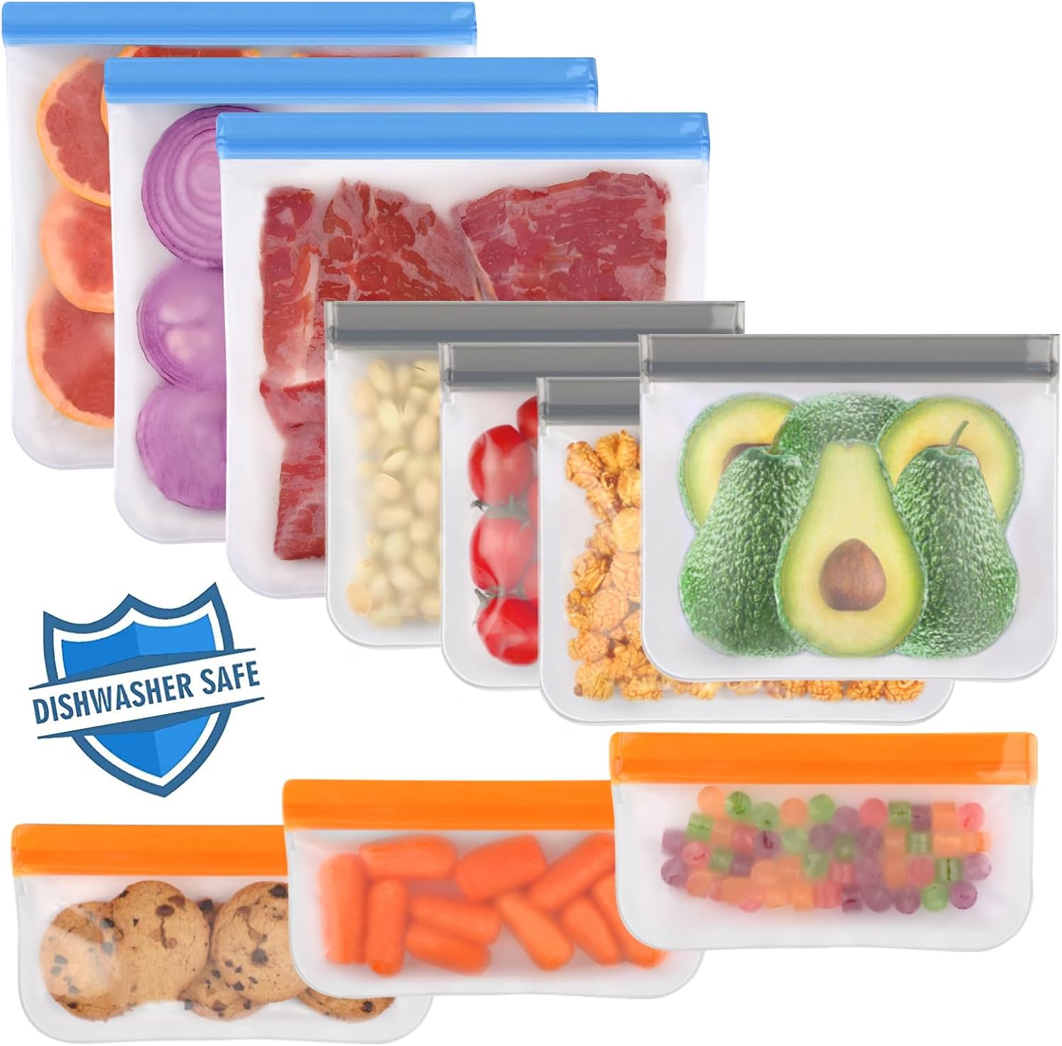 Lerine 10 Pack Reusable Freezer Bags Dishwasher Safe, Food Storage Bags | BPA-Free, Food-Grade Material, Leakproof, Extra Thick, Double-Seal, for Marinating Meats, Lunch, Sandwich, Snack, Travel