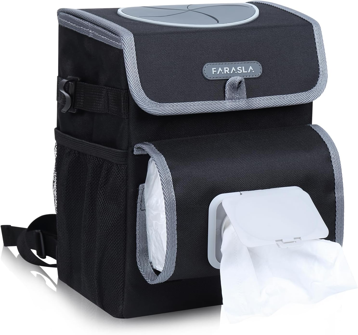 Farasla All-in-One Car Trash Can, Garbage Bag for Car | Heavy Duty Structured with Removable Leakproof Interior Liner, Adjustable Tissue Holder & Straps(Black)