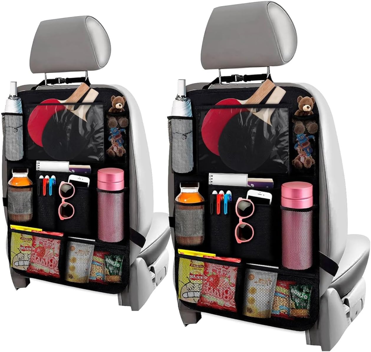 2 Pcs Hanging Seat Organizer for Backseat with 9 Large Pockets | Back Seat Car Organizer 2 Pack, 23.4×16″, Clear Tablet Slot, Adjustable Straps, Water-Resistant Polyester, Tool-Free Install