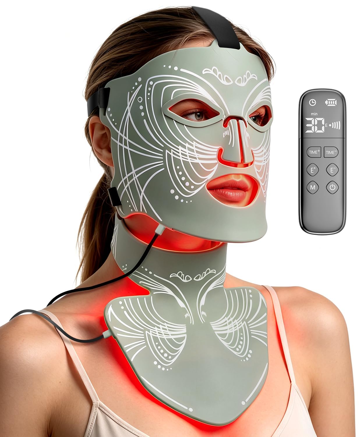 Red Light Therapy Mask for Face & Neck for Anti-Aging,Skin Firming | Skincare Mask,Red LED Beauty Device,Long‑Lasting Battery,Timing Function,Rechargeable Home Green