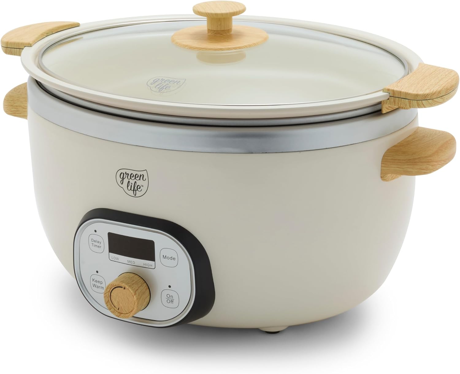 GreenLife 6QT Ceramic Nonstick Slow Cooker, Cooktop/Oven Safe, Cream | PFAS-Free Nonstick Removeable Inner Pot, Dishwasher Safe Components, Programmable, Keep Warm, Delay Timer, Family Sized