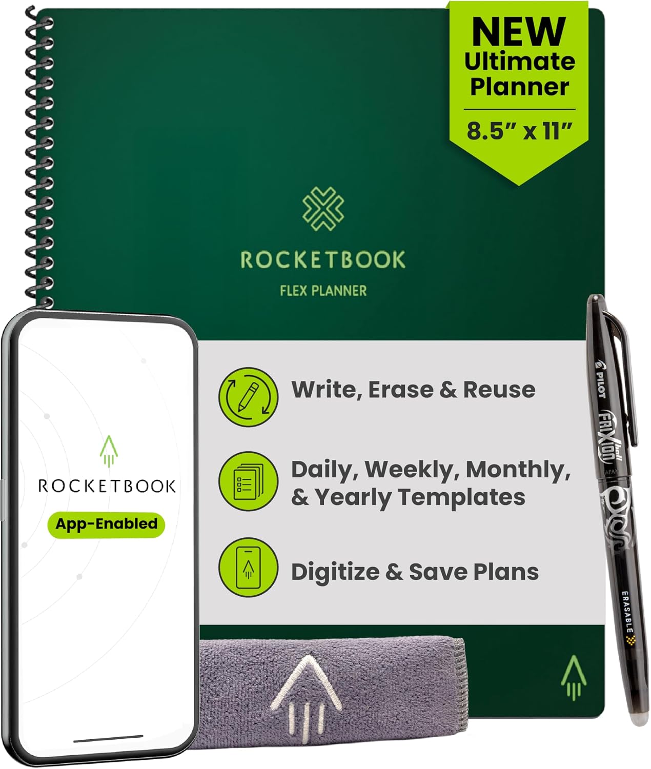 Rocketbook Flex Reusable Planner, Letter Size 8.5×11, Green | Smart Undated, Daily, Weekly, Monthly, Annual Calendar Templates, Includes Pen and Towel