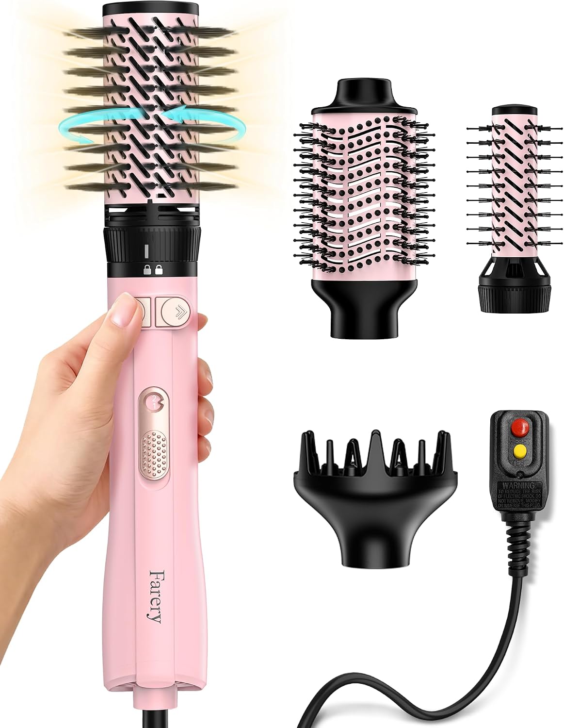 FARERY Hot Air Brush 1000W — 4-in-1 Volumizer & Styler for Damp Hair, Hold-to-Rotate Round Brush Hair Dryer Brush for Volume, Smooth & Curl, Diffuser Included, Best for Fine to Medium-Thick Hair