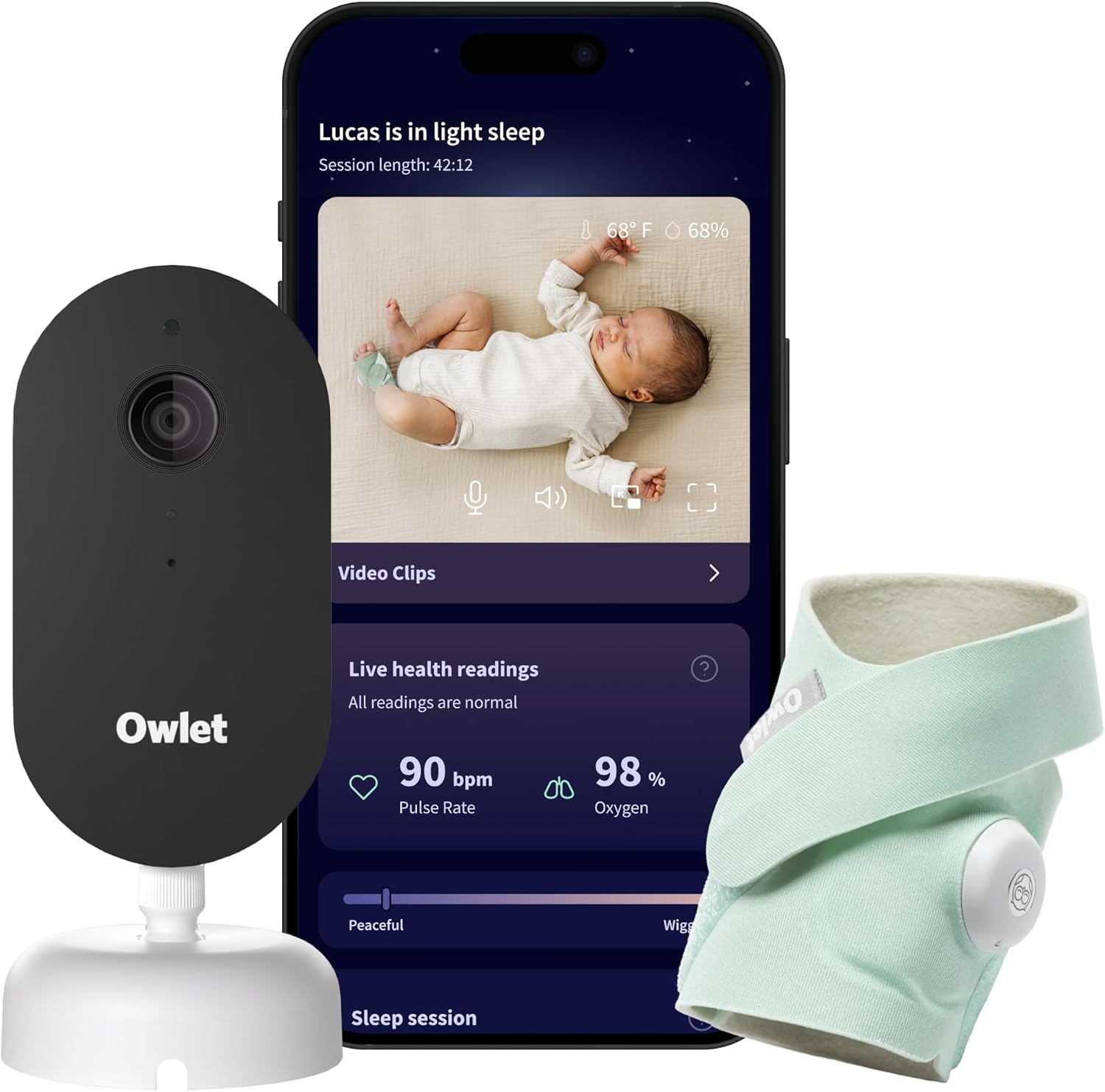 Owlet Dream Duo (Gen 3) Smart Baby Monitor All-in-One Bundle – 2K HD Video Baby Monitor with Alerts & Owlet Dream Sock Tracks Baby’s Oxygen, Heart Rate & Sleep | Health Insights via App