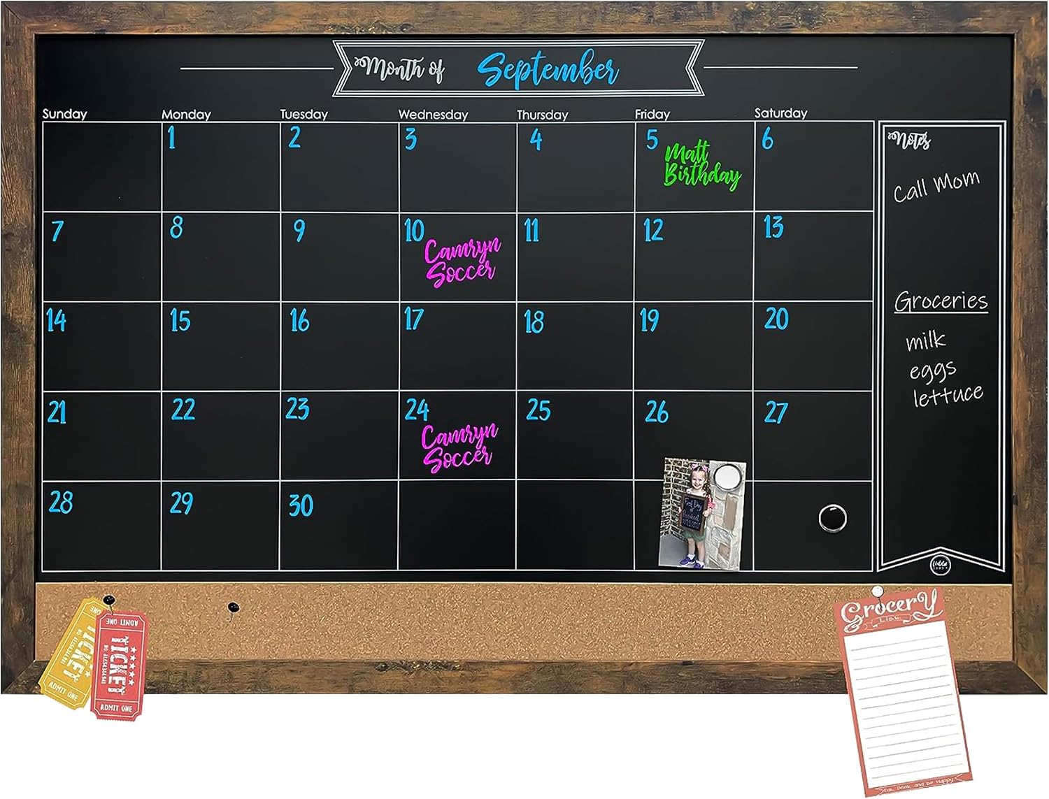 Loddie Doddie Framed Magnetic Chalkboard Calendar, Kitchen Decor, 36″ x 24″ | Magnet Display for Notes & Photos, Stain Resistant Surface, Mounting Hardware Included, Menu Board for Kitchen, Wall Decor