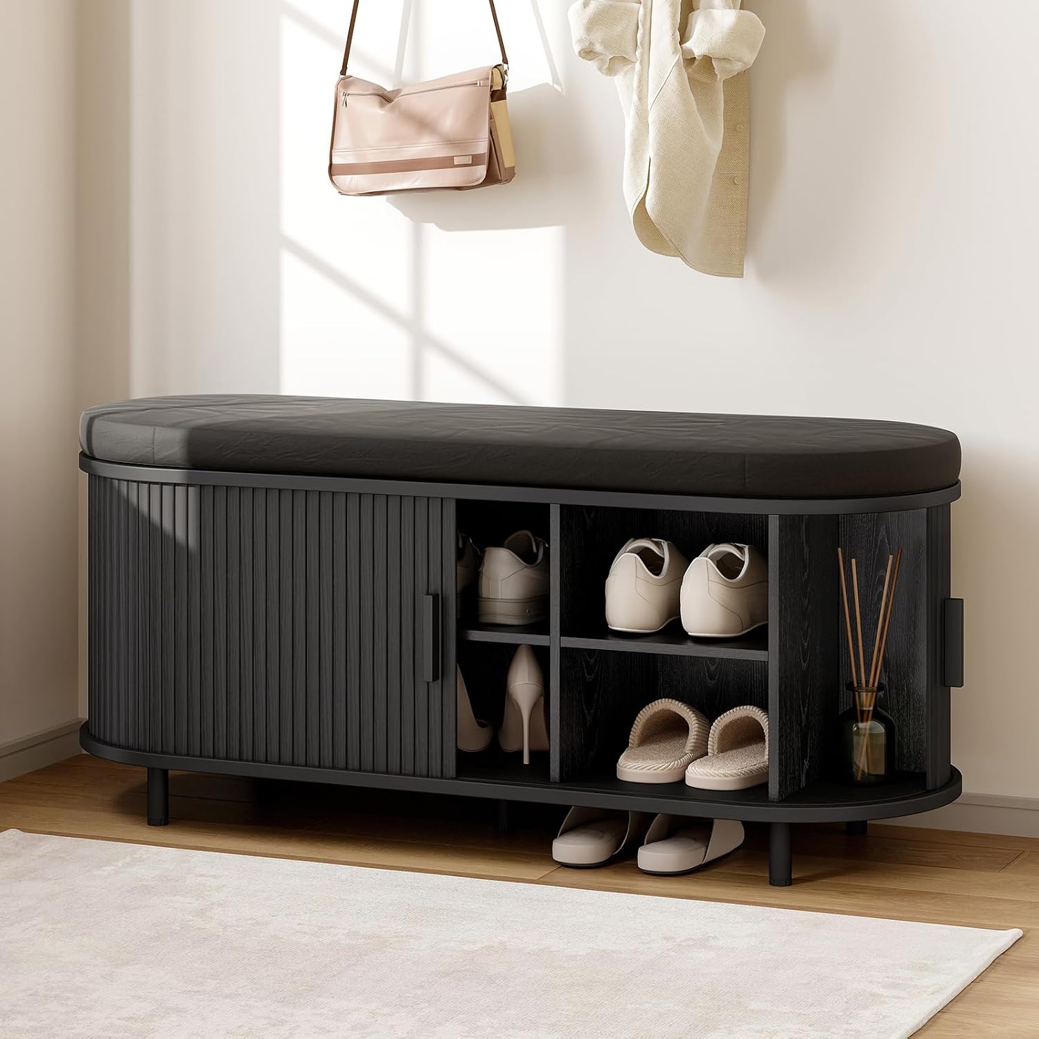 43″ Shoe Bench with Storage, Fluted Shoe Storage Bench with Cushion, Sliding Door and Adjustable Shelf, for Entryway, Hallway, Living Room, Black