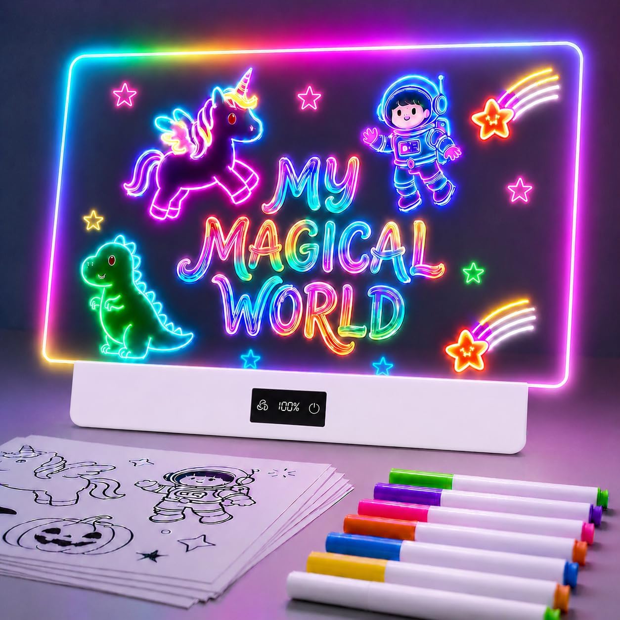 TAEMVV 16″ LED Drawing Board for Kids Birthday Gifts for Girls, White | 8 Colors 3 Dynamic Modes, Rechargeable 15H Battery Display, Glow Light Up Note Board Toys for Girls Ages 3 4 5 6 8-12