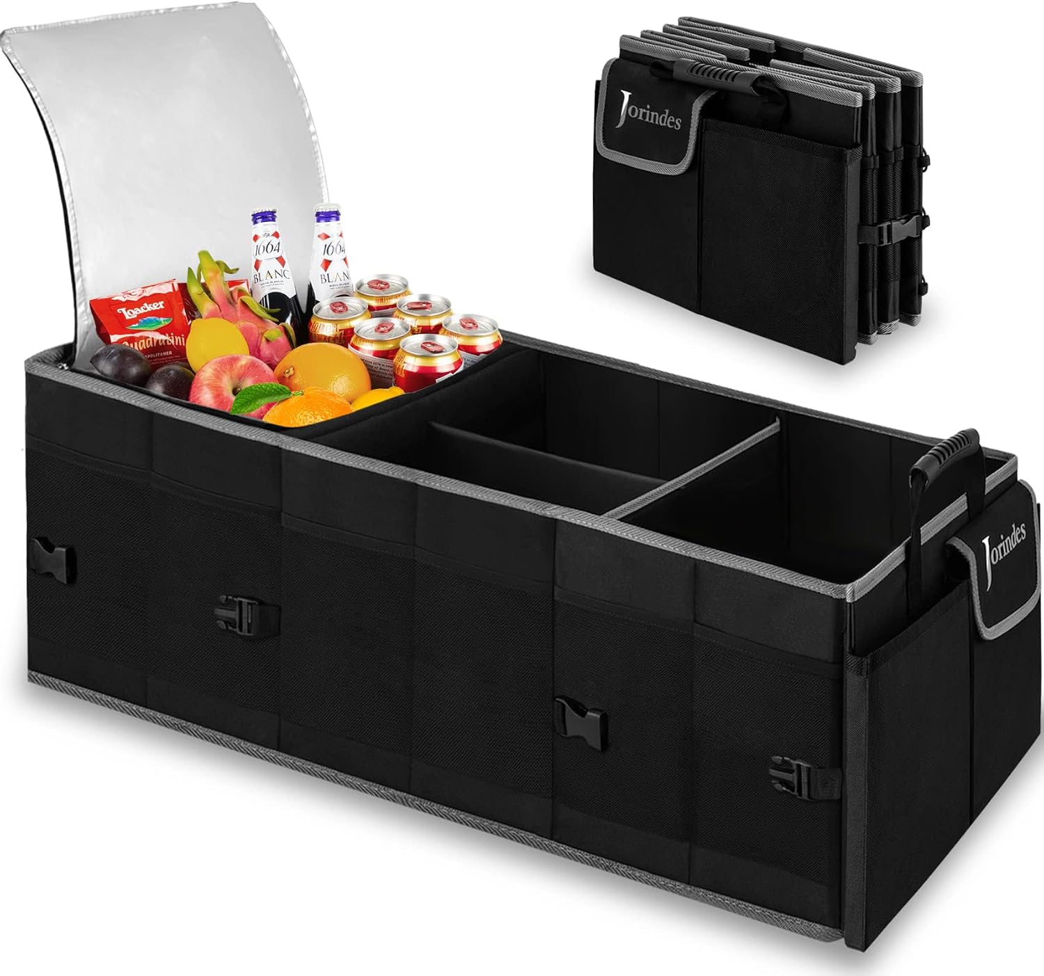 Trunk Organizer and Storage with Built-In Insulated Leak Proof Cooler Bag | Collapsible Cargo Organizer for SUV with Non Slip Strips, 3 Large Compartments Foldable Waterproof Portable Car Storage Box