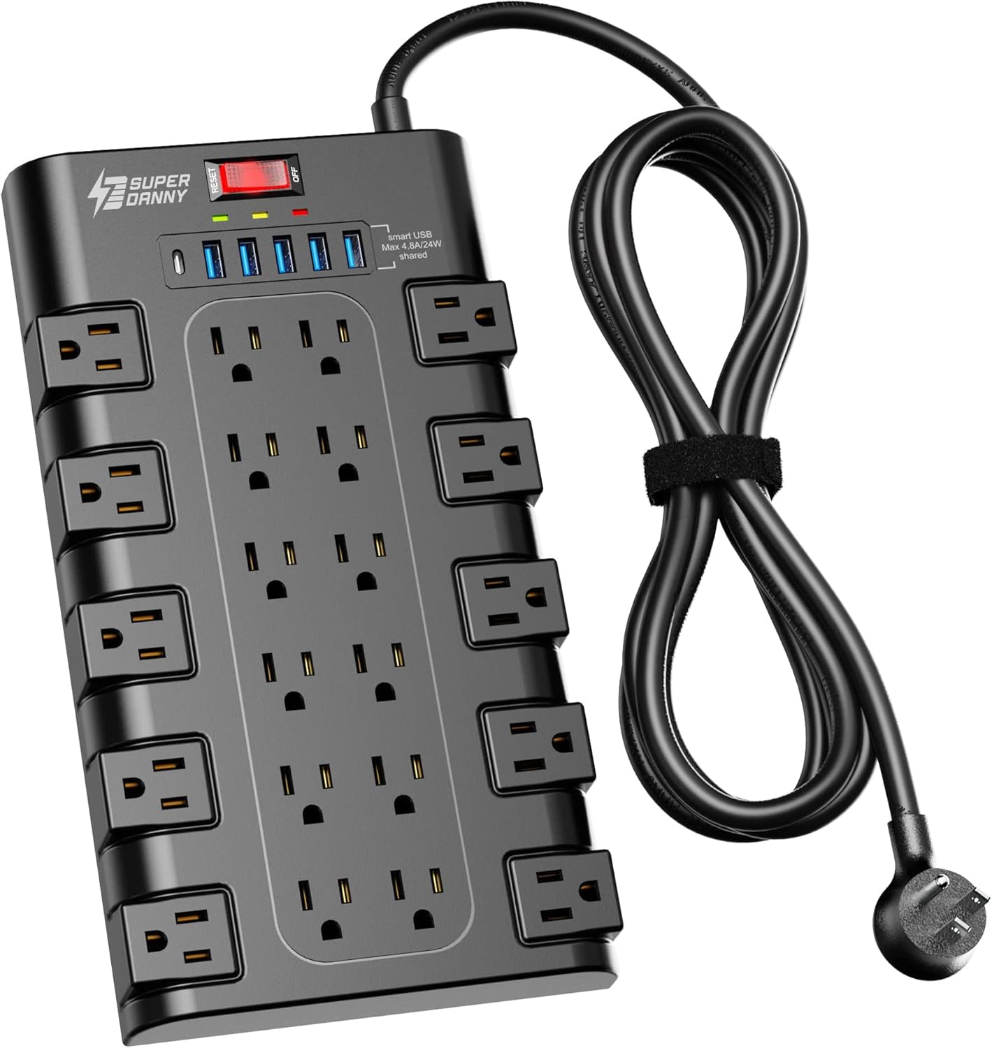 SUPERDANNY Power Strip Surge Protector, 22 AC 6 USB, 2100J, 6.5Ft,1875W/15A | 5A1C, Heavy Duty Extension Cord with Multiple Outlets, Flat Plug Outlet Extender for Home, Office, Dorm, Gaming Room, Black