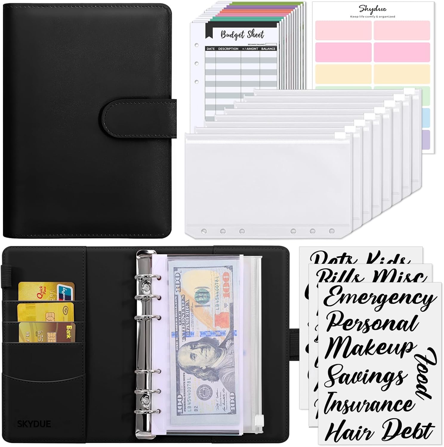 SKYDUE Budget Binder, Money Saving Binder with Zipper Envelopes, Cash Envelopes and Expense Budget Sheets for Budgeting