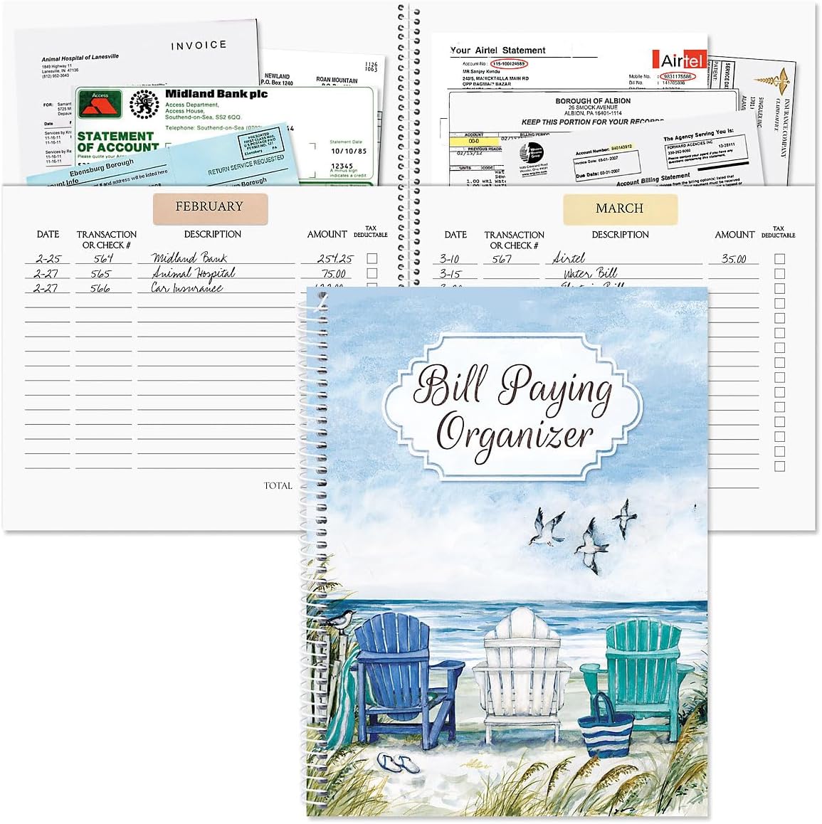 Current Bill Paying Organizer Book | By The Sea, The Best Days, Spiral Bound,14 Storage Pockets, 32 Label Stickers 9″ x 12″