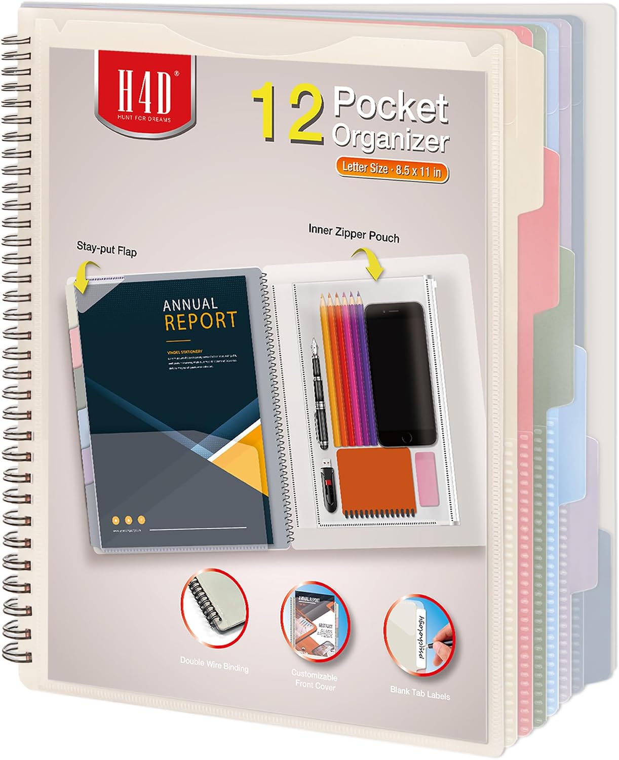 H4D 12 Pocket Poly Project Organizer, Multi Pocket Folder, Pastel Colors | 12 Pocket, Spiral, Multi-Subject, Folder Notebook, Letter Size
