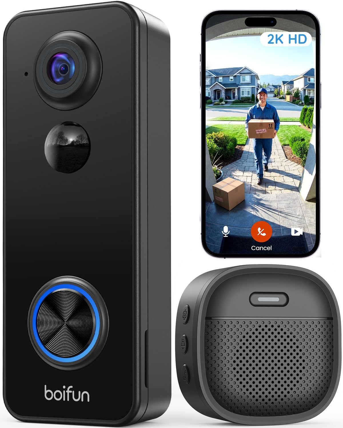 BOIFUN Video Doorbell Camera Wireless, 180° Wide View, 2K, No Subscription | AI Human Detection, Head-to-Toe, HDR Night Vision, Two-Way Audio, Battery Powered with Chime, 2.4 GHz Wi-Fi Only