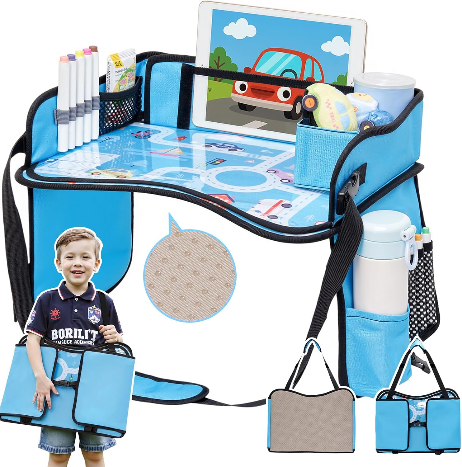 Kids Travel Tray for Car, Boy’s Safety Seat Table, Carseat Lap Desk | Weight-Relief Strap, Non-Skid Silicone Base, Waterproof Dining/Craft Mat