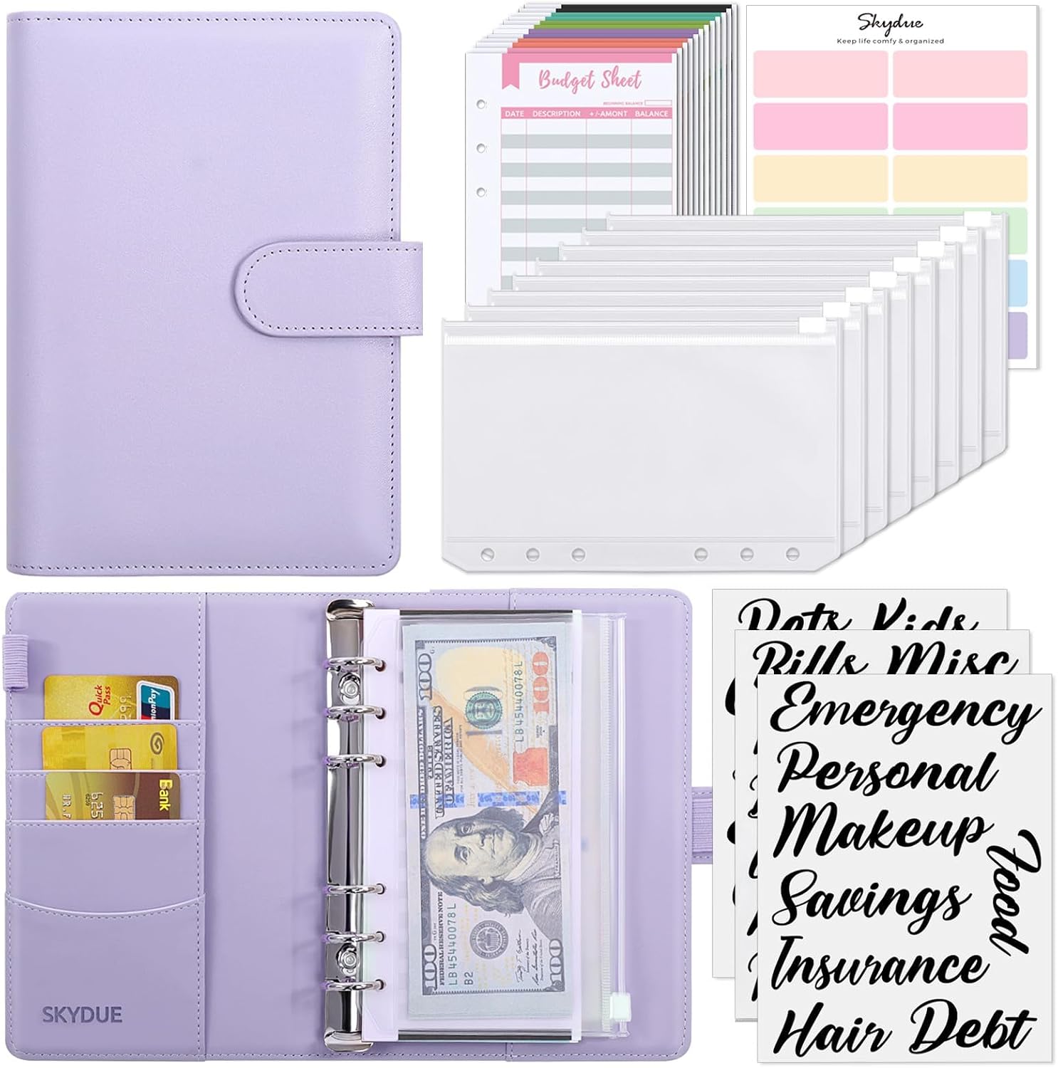 SKYDUE Budget Binder, Money Saving Binder with Zipper Envelopes, Cash Envelopes and Expense Budget Sheets for Budgeting