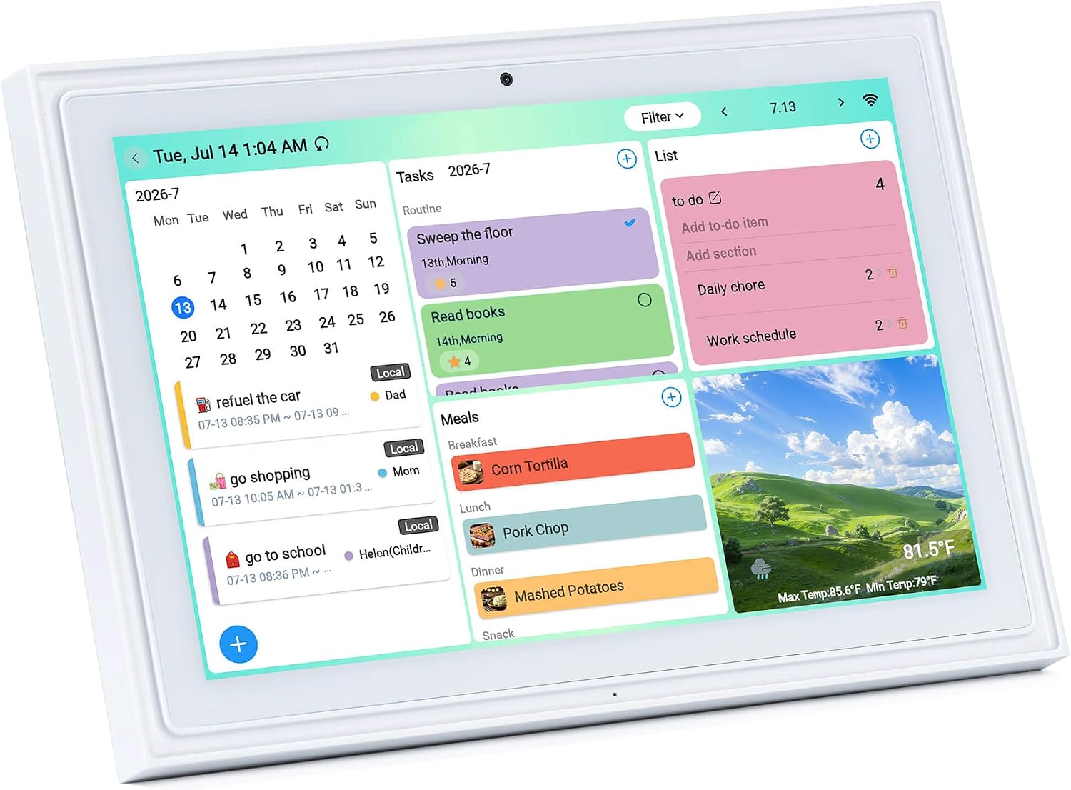 10.1″ Digital Calendar No Monthly Fee Small Kitchen Planner | Multi-member calendar sync Ambient photo slideshow Gamified chore rewards
