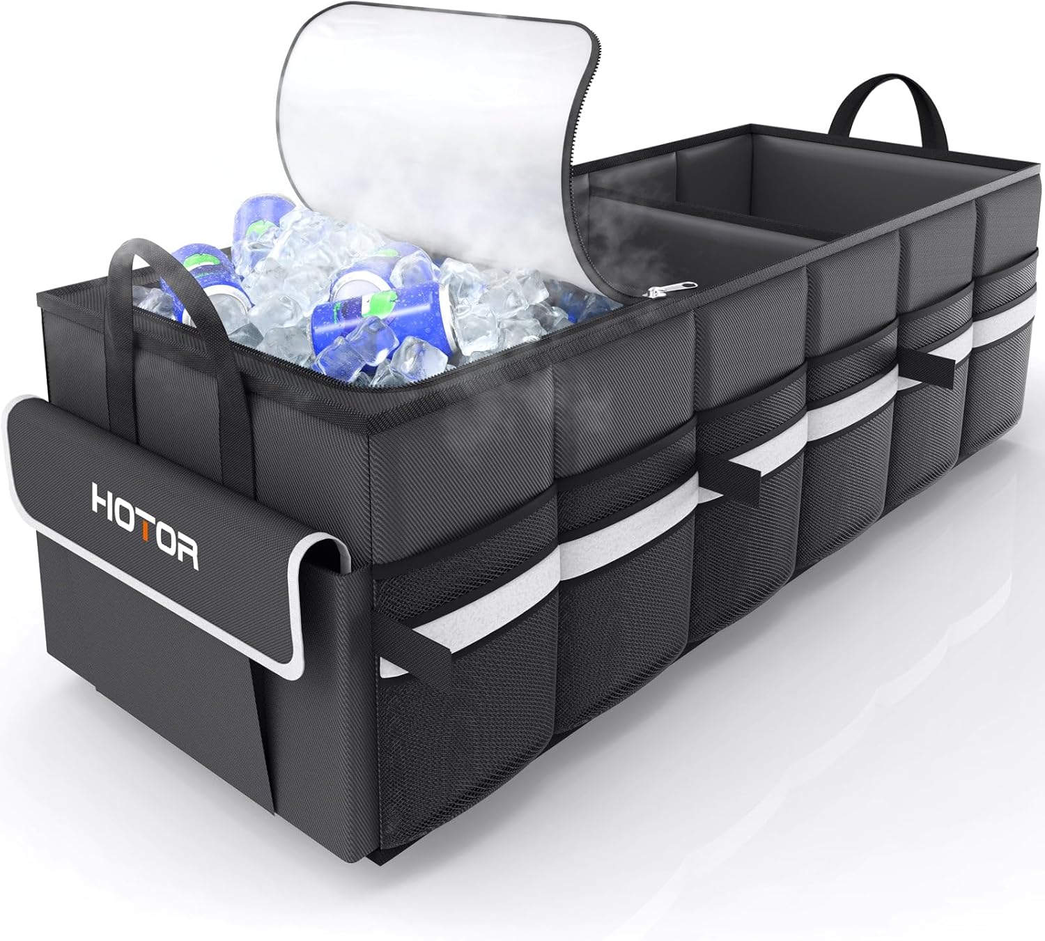 HOTOR Trunk Organizer – Car Organizer with Built-In Leakproof Car Cooler | Collapsible Trunk Organizer with Cooler for Car, SUV, Sedan, with Base Panel, 3 Compartments, Black, 31.9″ x 12.6″ x 10.6″