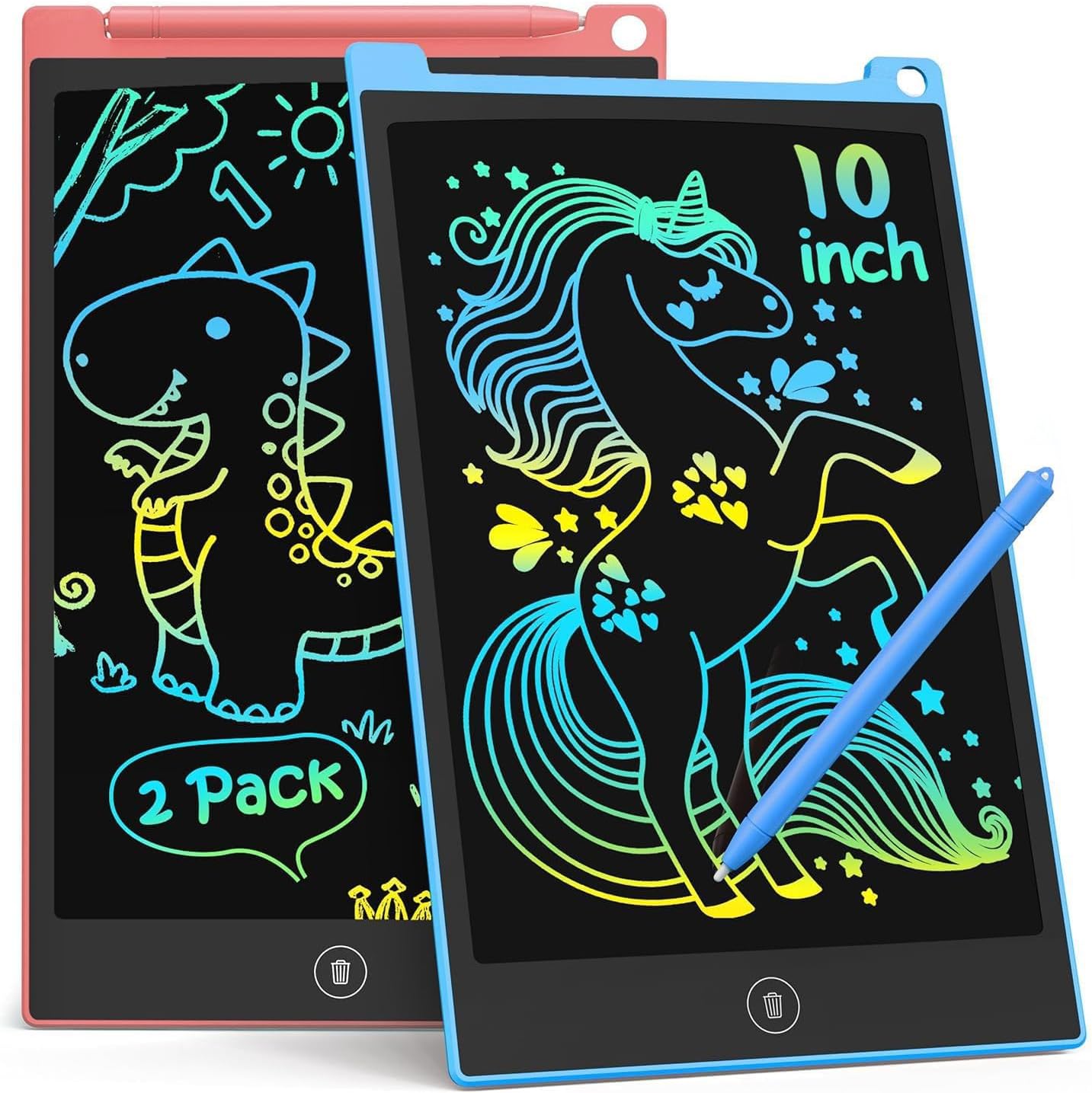 TECJOE 10 Inch 2 Pack LCD Writing Tablet for Kids, Mess Free Drawing Tablet | Colorful Drawing Pad, Travel Road Trips Essential, Quiet Time, Learning Toys Birthday Gifts for Boys Girls Ages 3-8