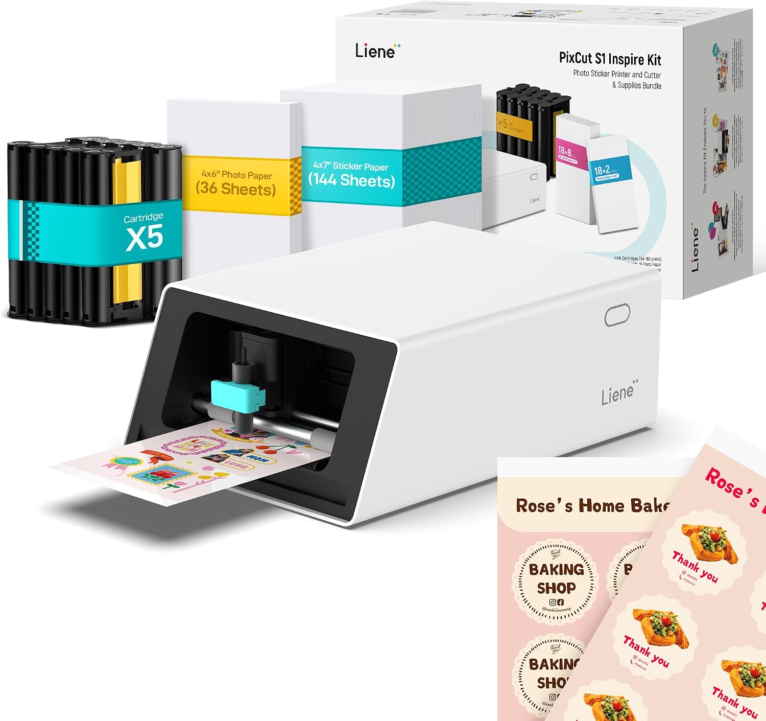 Liene PixCut S1 Inspire Kit – All-in-One Color Sticker Printer & Cutting Machine, Thermal Dye-Sublimation Photo Printer, 300 DPI, Color Label Maker with 180 Sheets (36 Photo + 144 Sticker Paper)